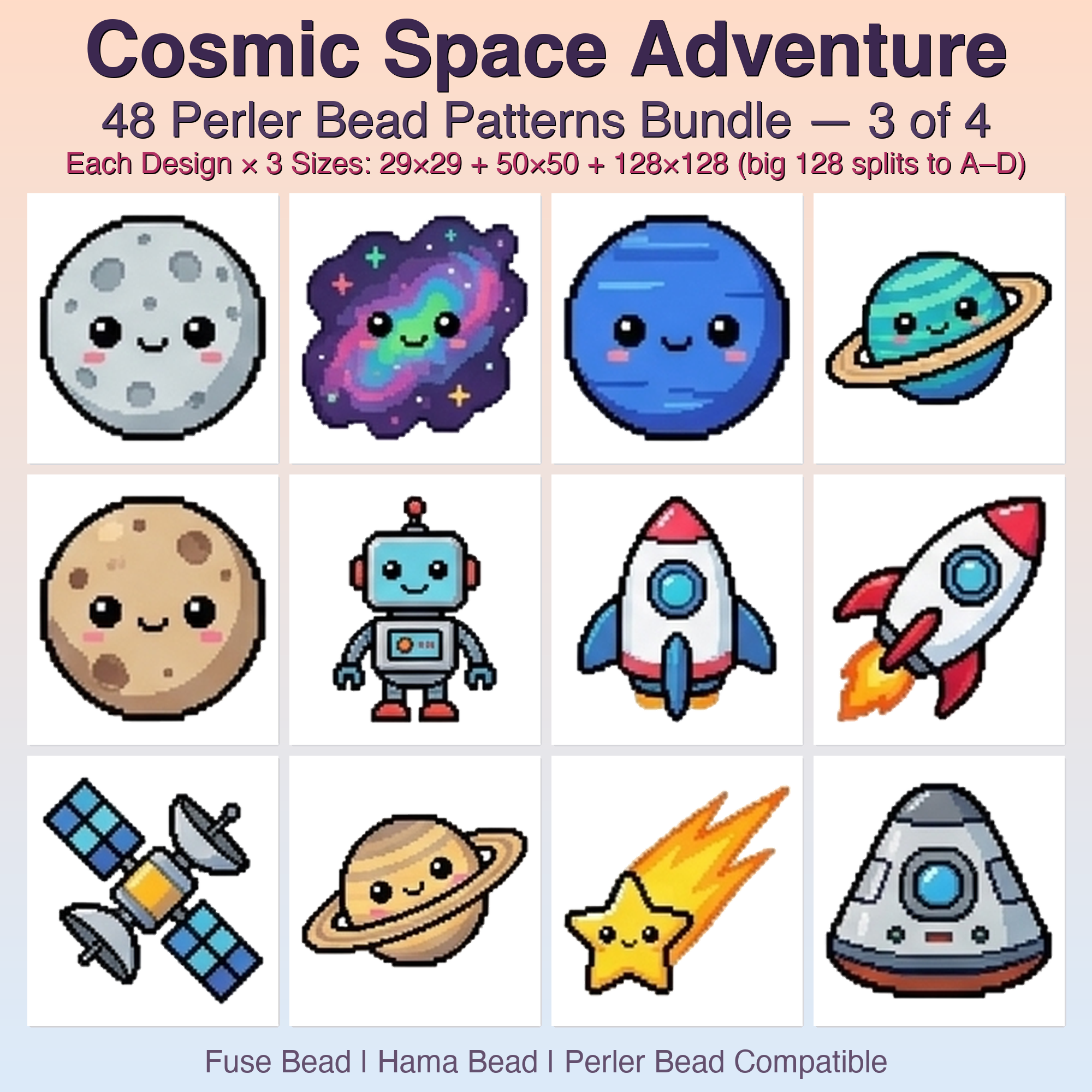 Cosmic Space Adventure Perler Bead Patterns, 48 Designs x 3 Grid Sizes (29x29 + 50x50 + 128x128), Fuse Bead PDF Digital Download