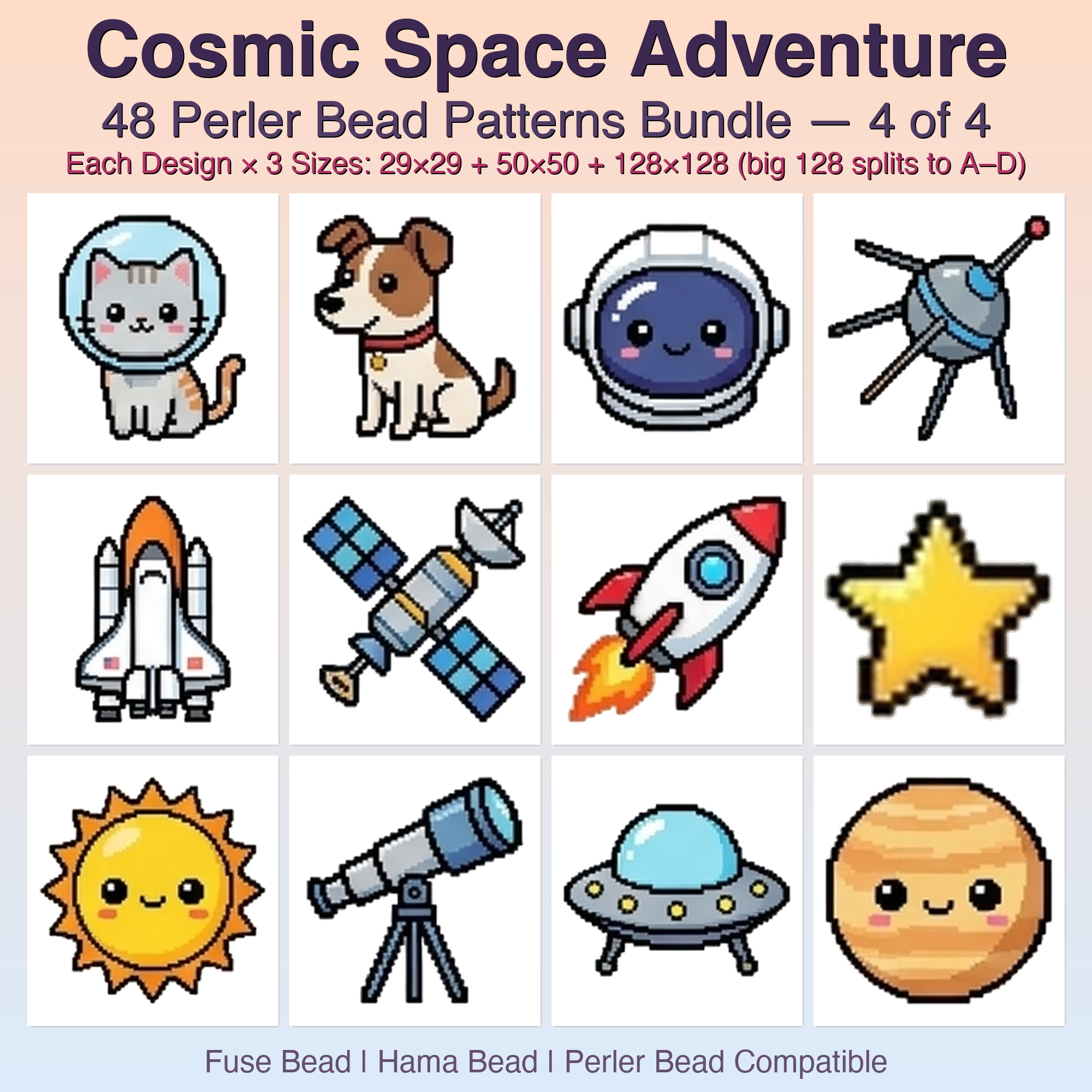 Cosmic Space Adventure Perler Bead Patterns, 48 Designs x 3 Grid Sizes (29x29 + 50x50 + 128x128), Fuse Bead PDF Digital Download