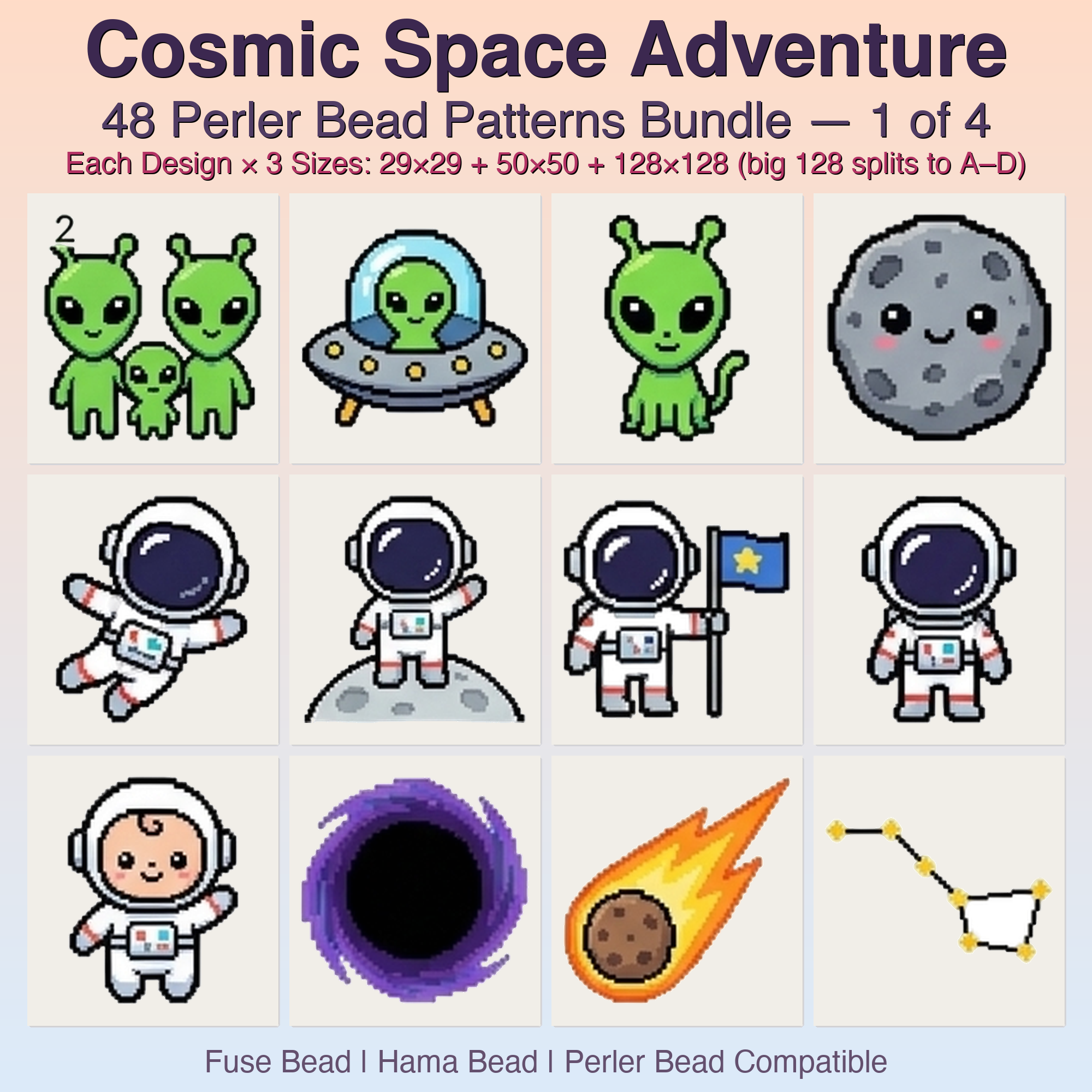 Cosmic Space Adventure Perler Bead Patterns, 48 Designs x 3 Grid Sizes (29x29 + 50x50 + 128x128), Fuse Bead PDF Digital Download