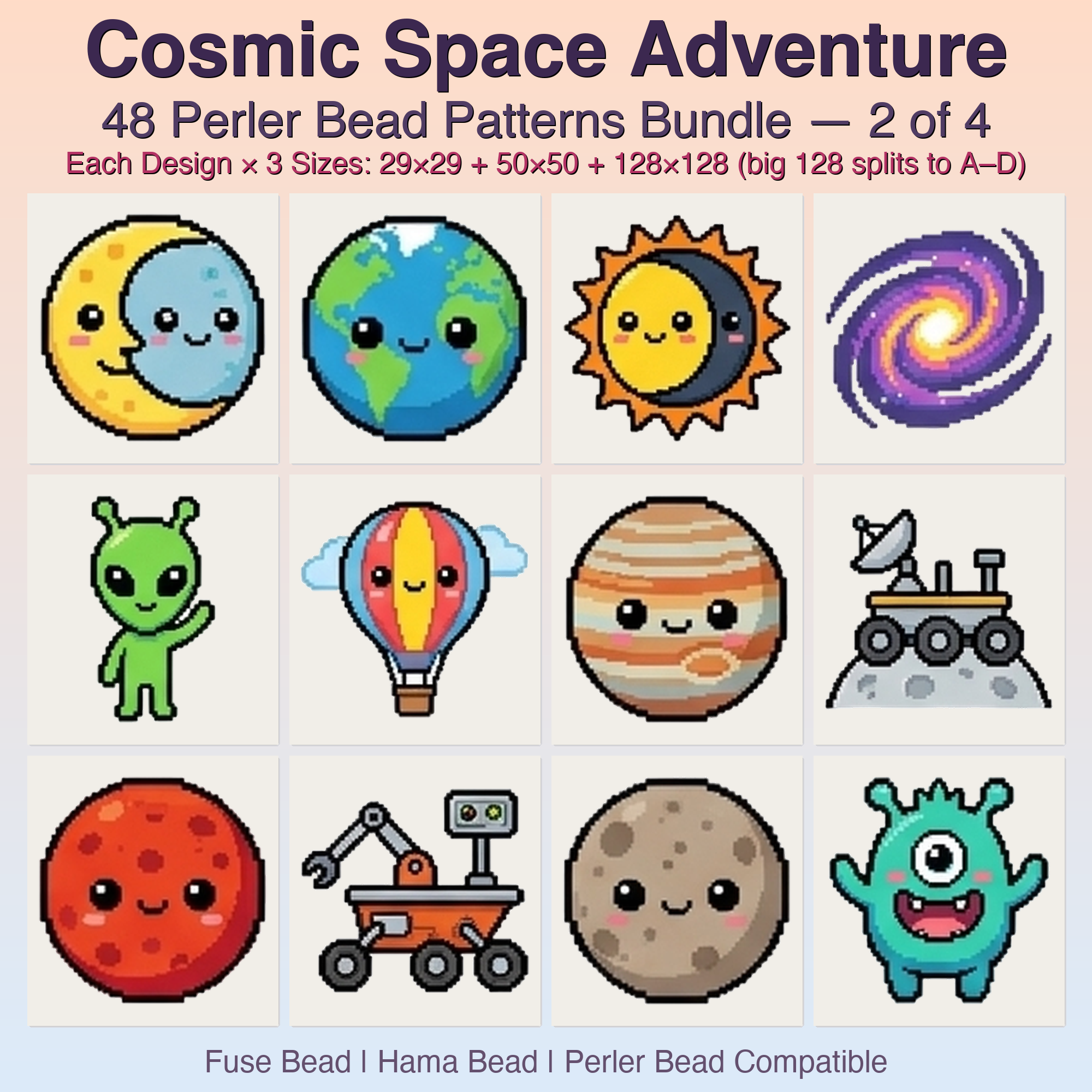 Cosmic Space Adventure Perler Bead Patterns, 48 Designs x 3 Grid Sizes (29x29 + 50x50 + 128x128), Fuse Bead PDF Digital Download