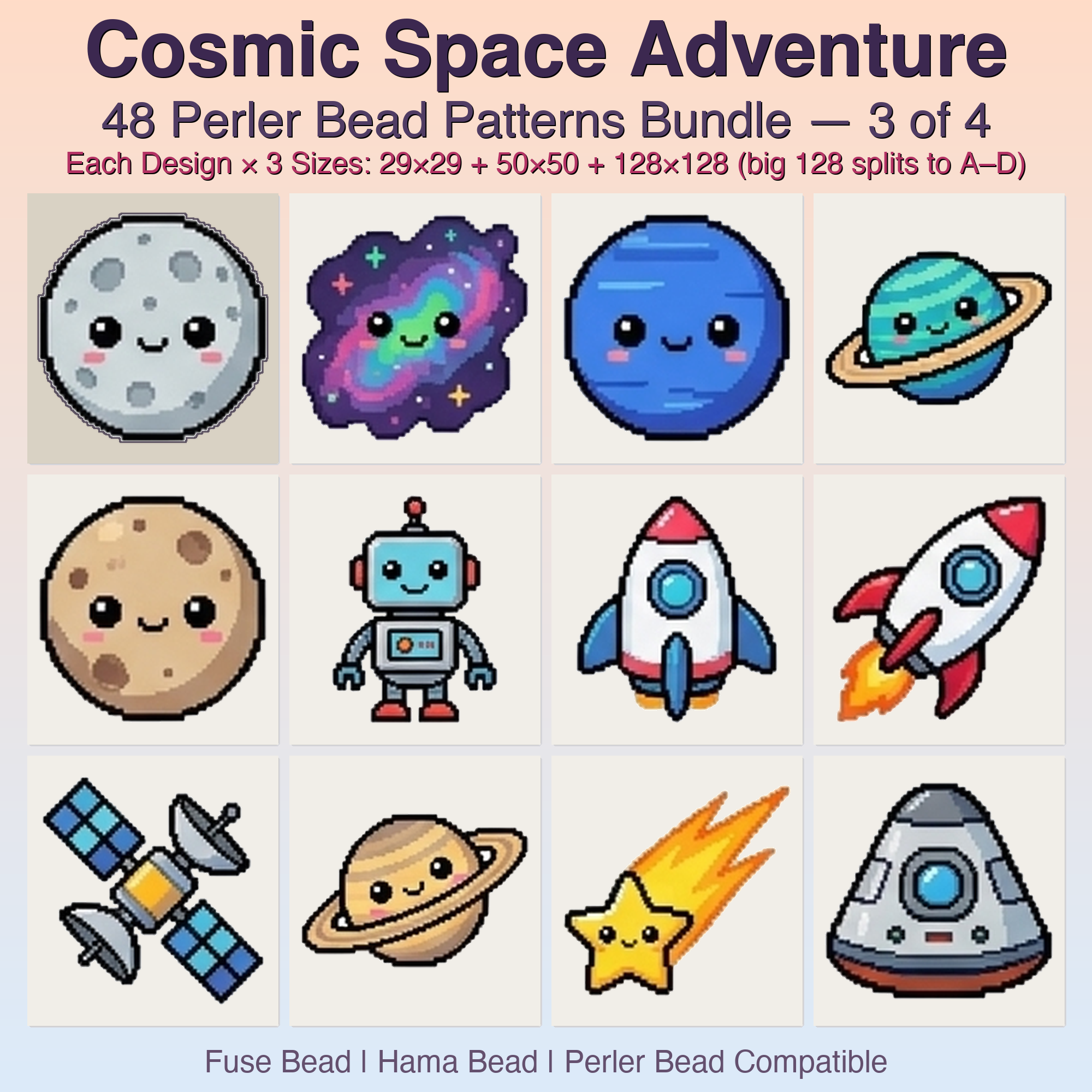 Cosmic Space Adventure Perler Bead Patterns, 48 Designs x 3 Grid Sizes (29x29 + 50x50 + 128x128), Fuse Bead PDF Digital Download
