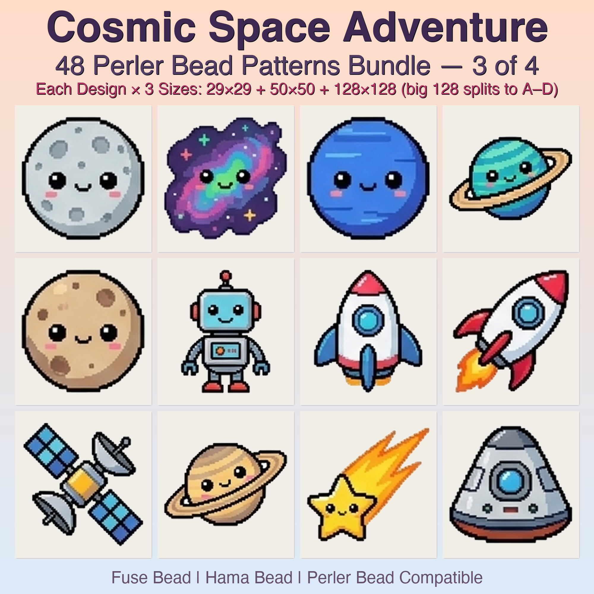 Cosmic Space Adventure Perler Bead Patterns, 48 Designs x 3 Grid Sizes (29x29 + 50x50 + 128x128), Fuse Bead PDF Digital Download