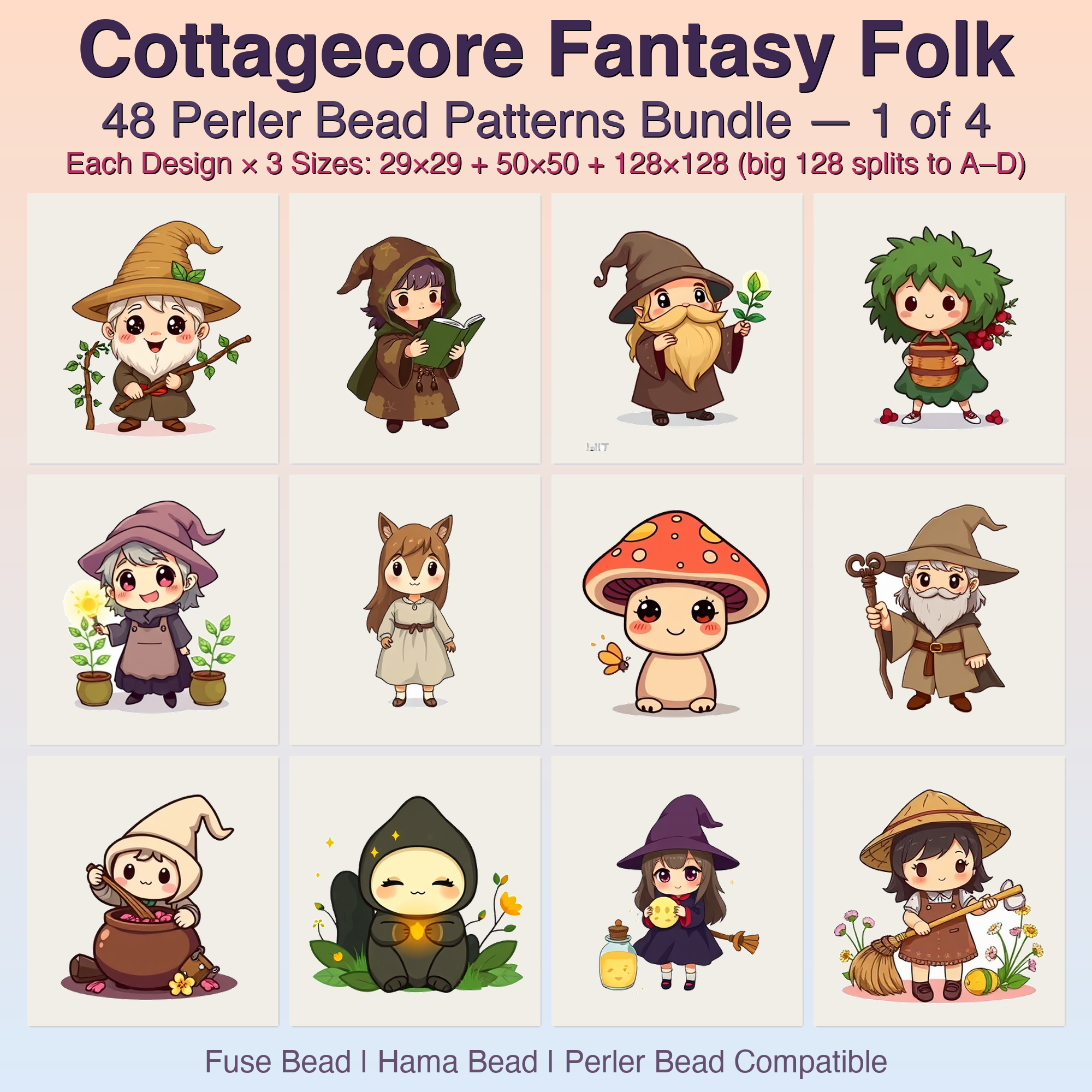 Cottagecore Fantasy Folk Perler Bead Patterns, 48 Designs x 3 Grid Sizes (29x29 + 50x50 + 128x128), Fuse Bead PDF Digital Download