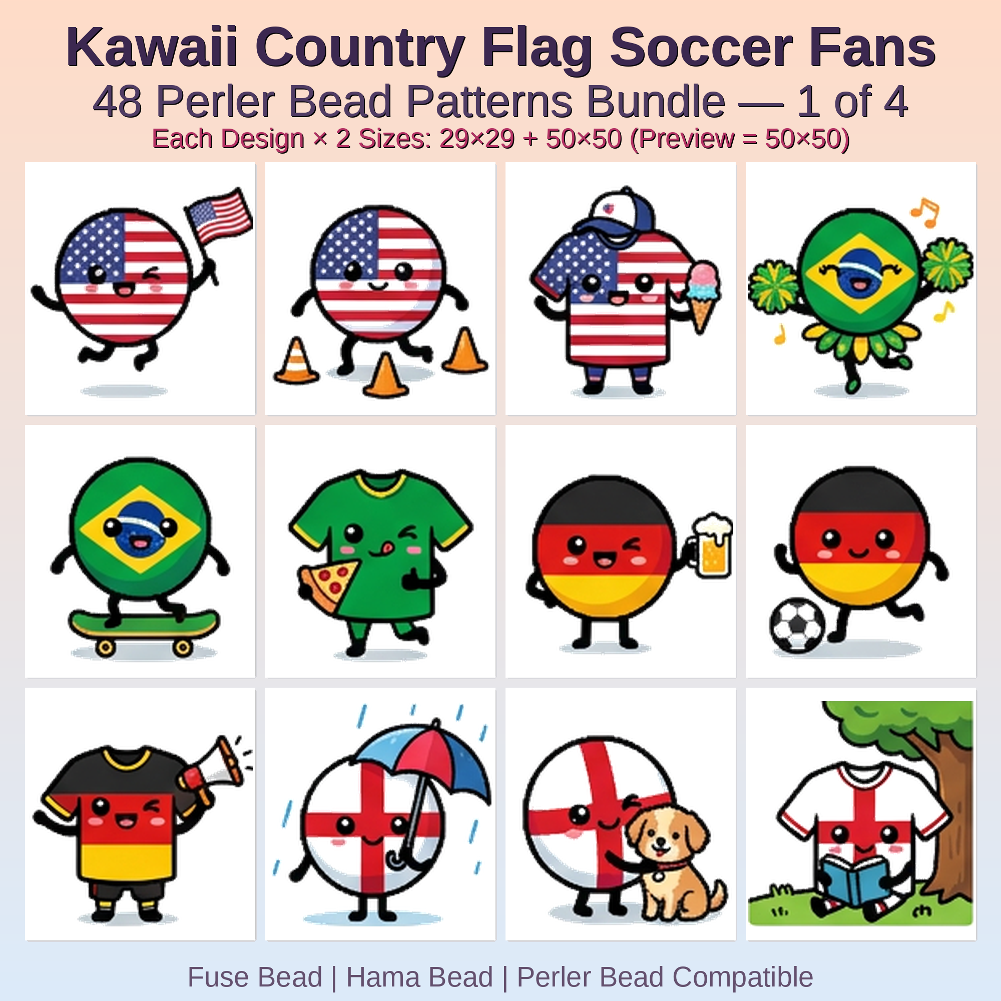 Kawaii Country Flag Soccer Fans Perler Bead Patterns Bundle, 48 Designs (PDF Digital Download)