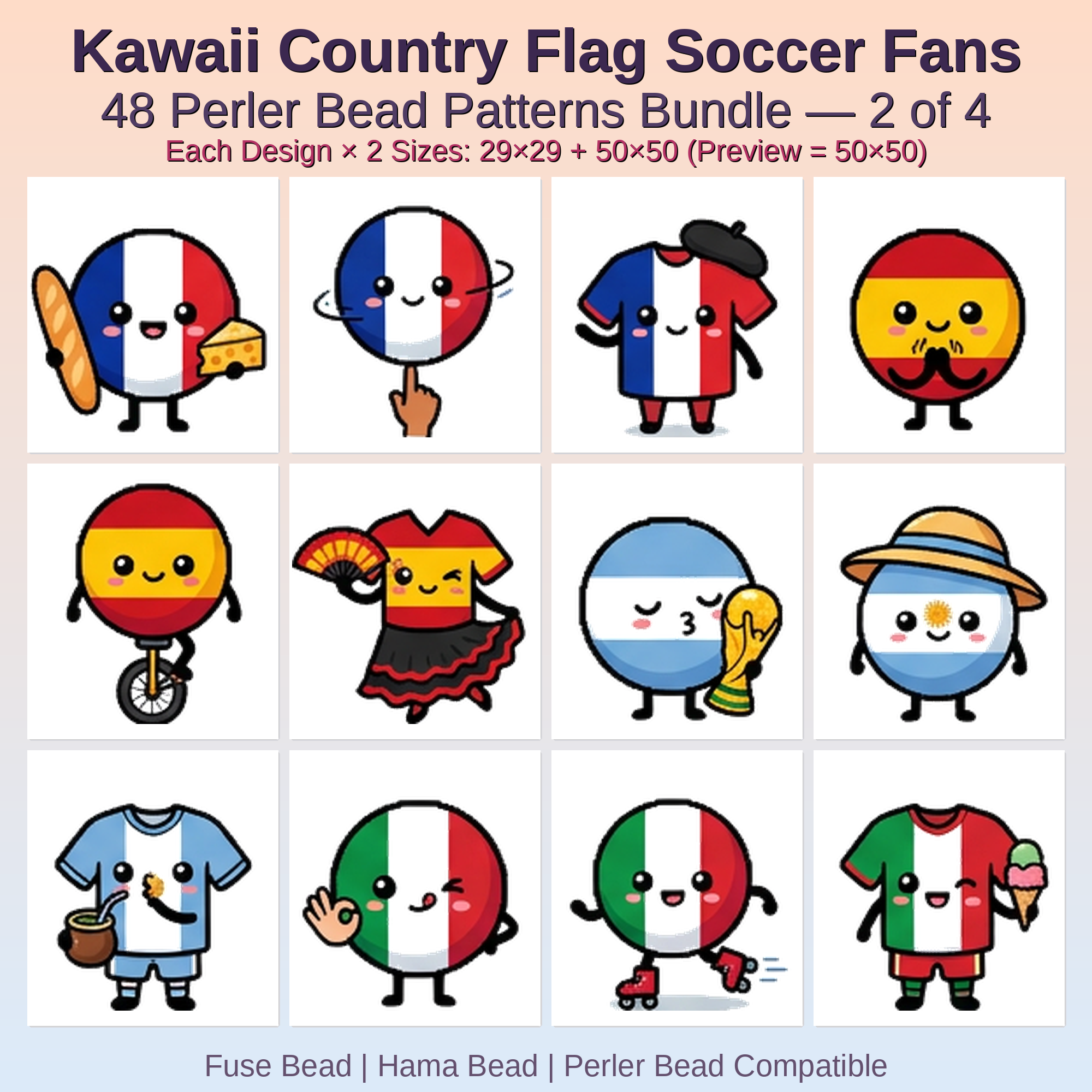 Kawaii Country Flag Soccer Fans Perler Bead Patterns Bundle, 48 Designs (PDF Digital Download)