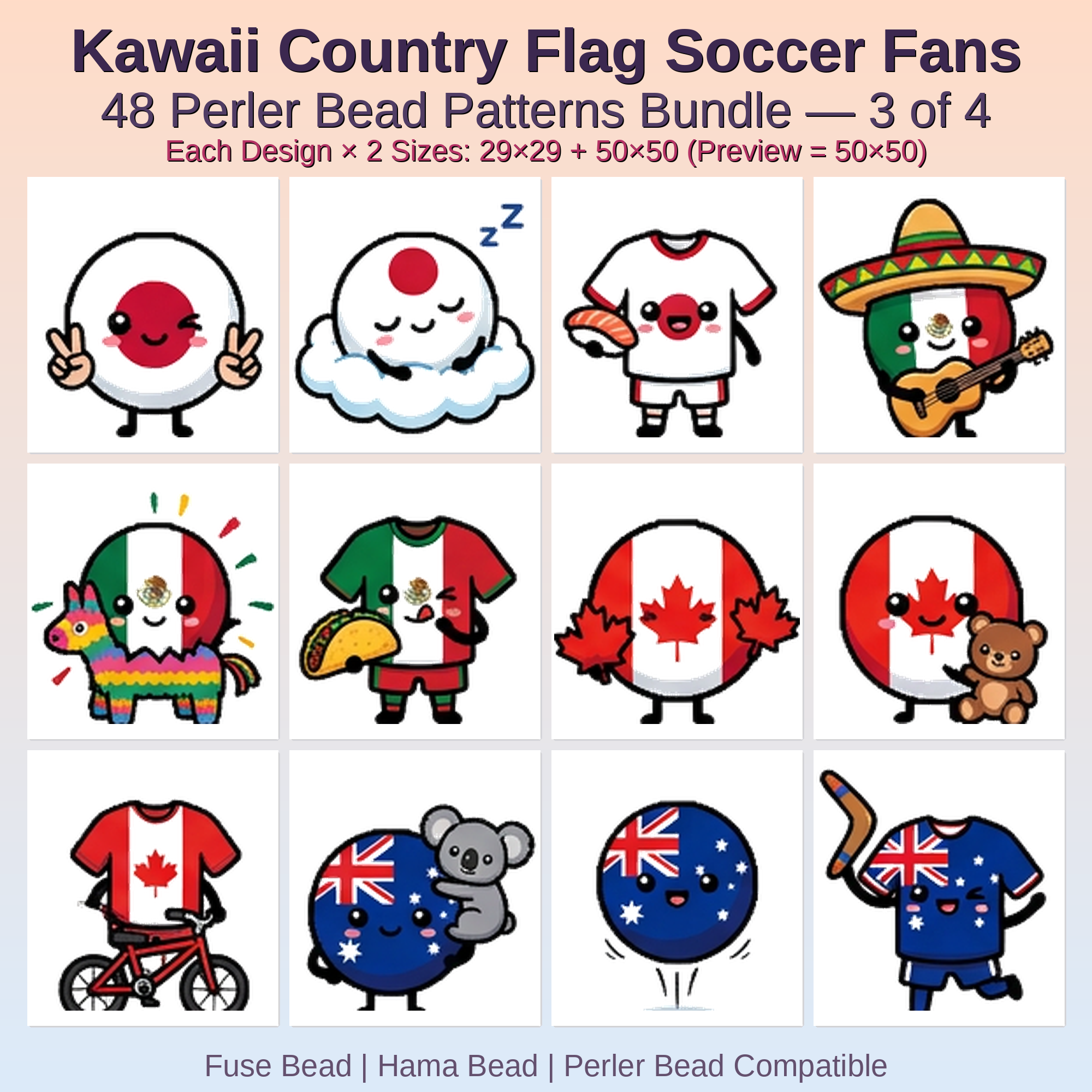 Kawaii Country Flag Soccer Fans Perler Bead Patterns Bundle, 48 Designs (PDF Digital Download)