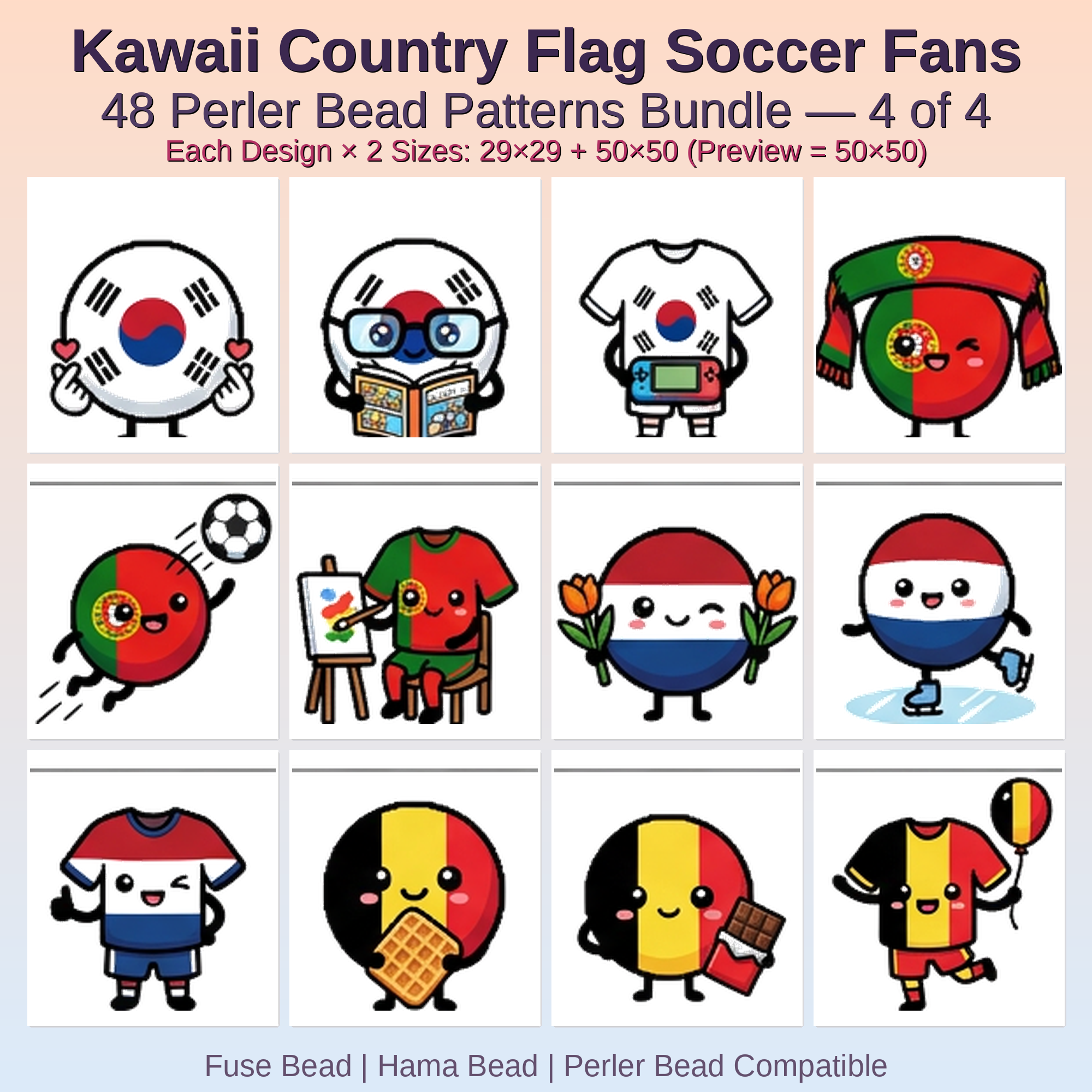 Kawaii Country Flag Soccer Fans Perler Bead Patterns Bundle, 48 Designs (PDF Digital Download)