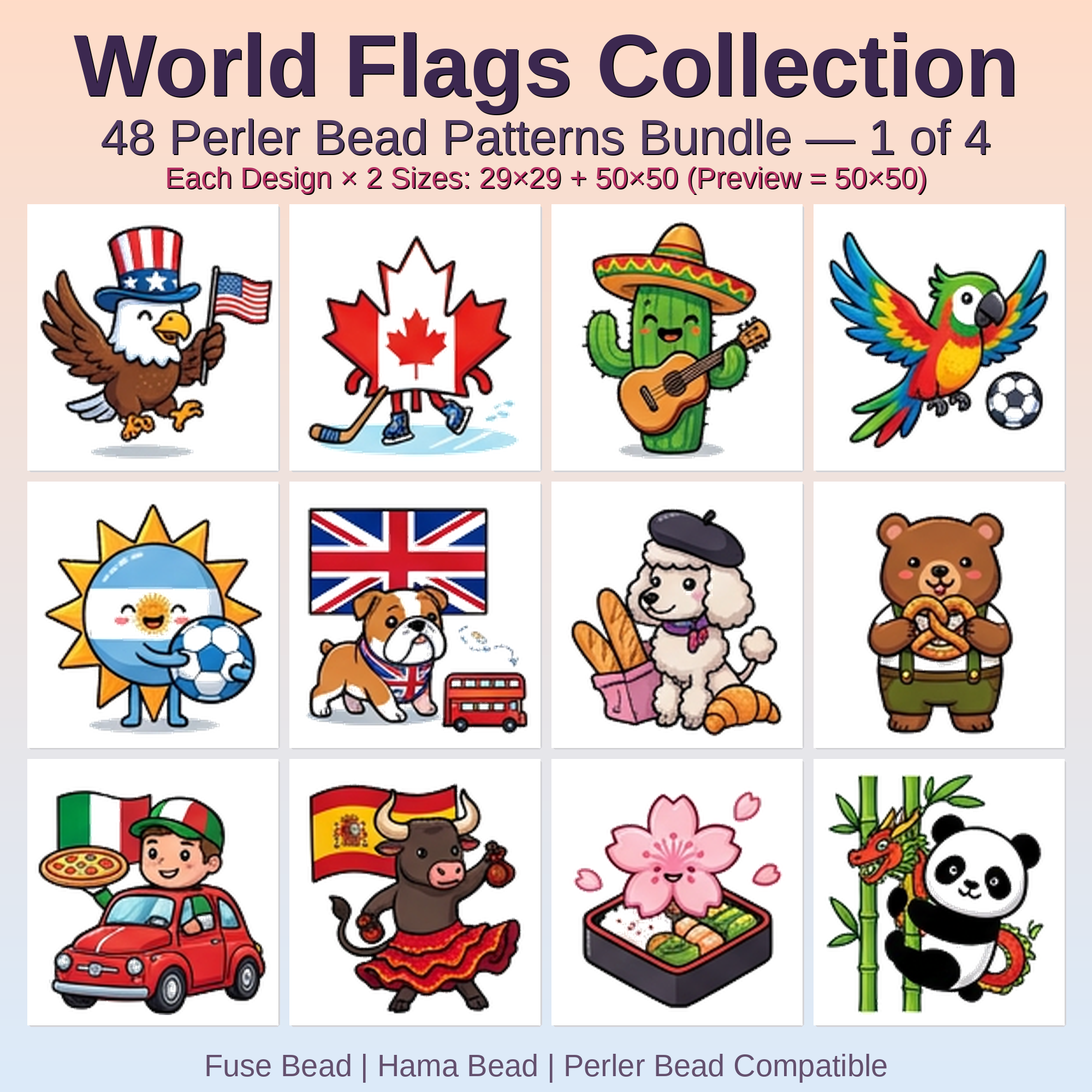 World Flags Collection Perler Bead Patterns Bundle, 48 Designs (PDF Digital Download)