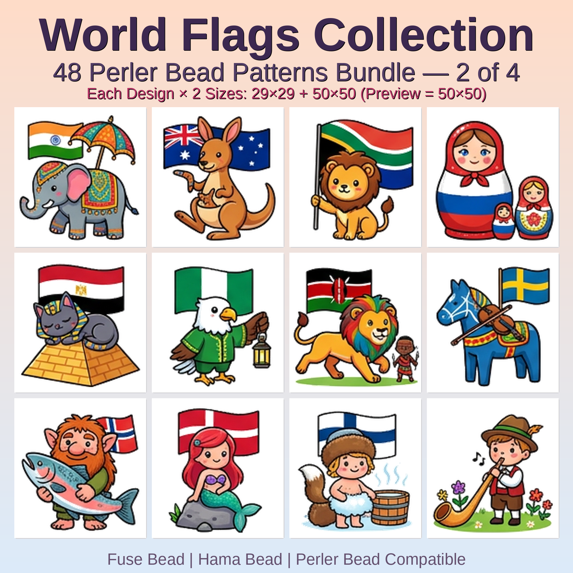 World Flags Collection Perler Bead Patterns Bundle, 48 Designs (PDF Digital Download)