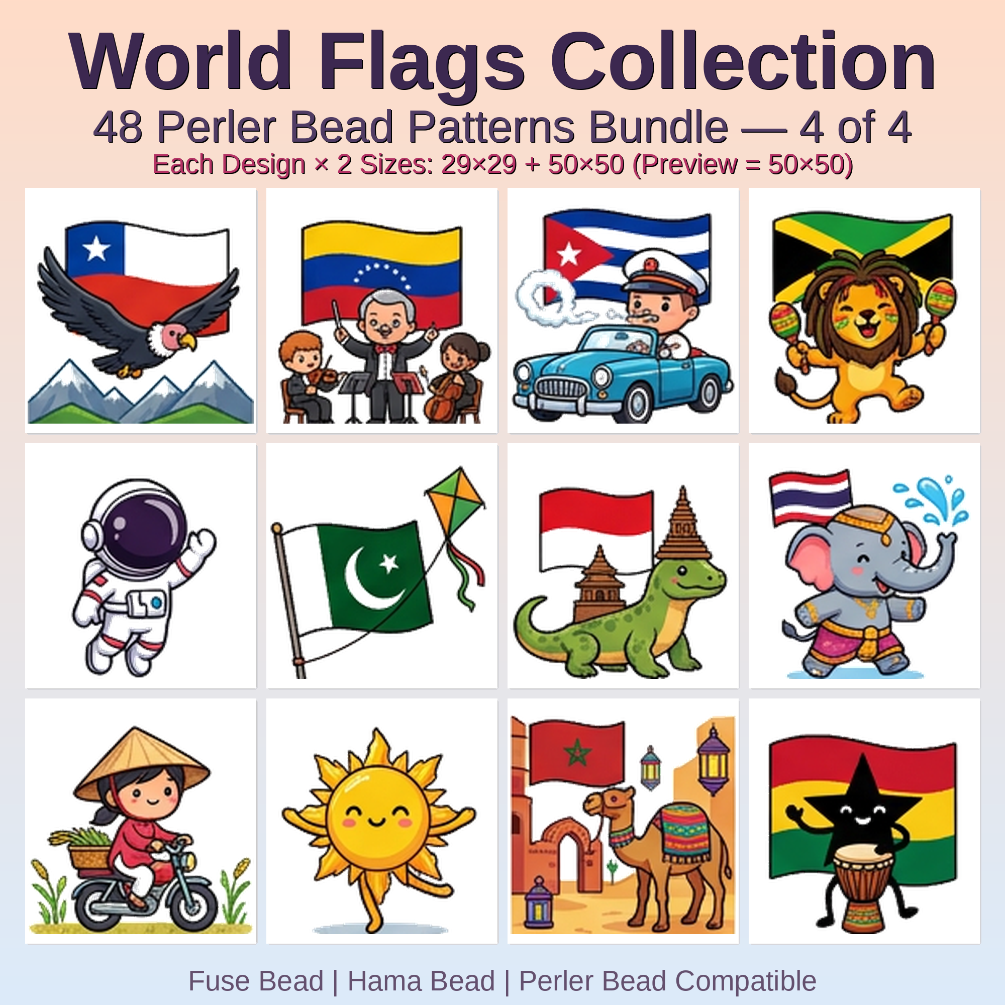 World Flags Collection Perler Bead Patterns Bundle, 48 Designs (PDF Digital Download)