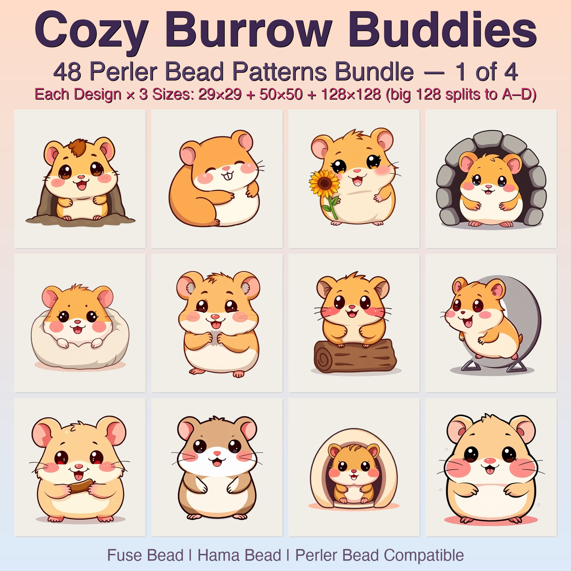 Cozy Burrow Buddies Perler Bead Patterns, 48 Designs x 3 Grid Sizes (29x29 + 50x50 + 128x128), Fuse Bead PDF Digital Download