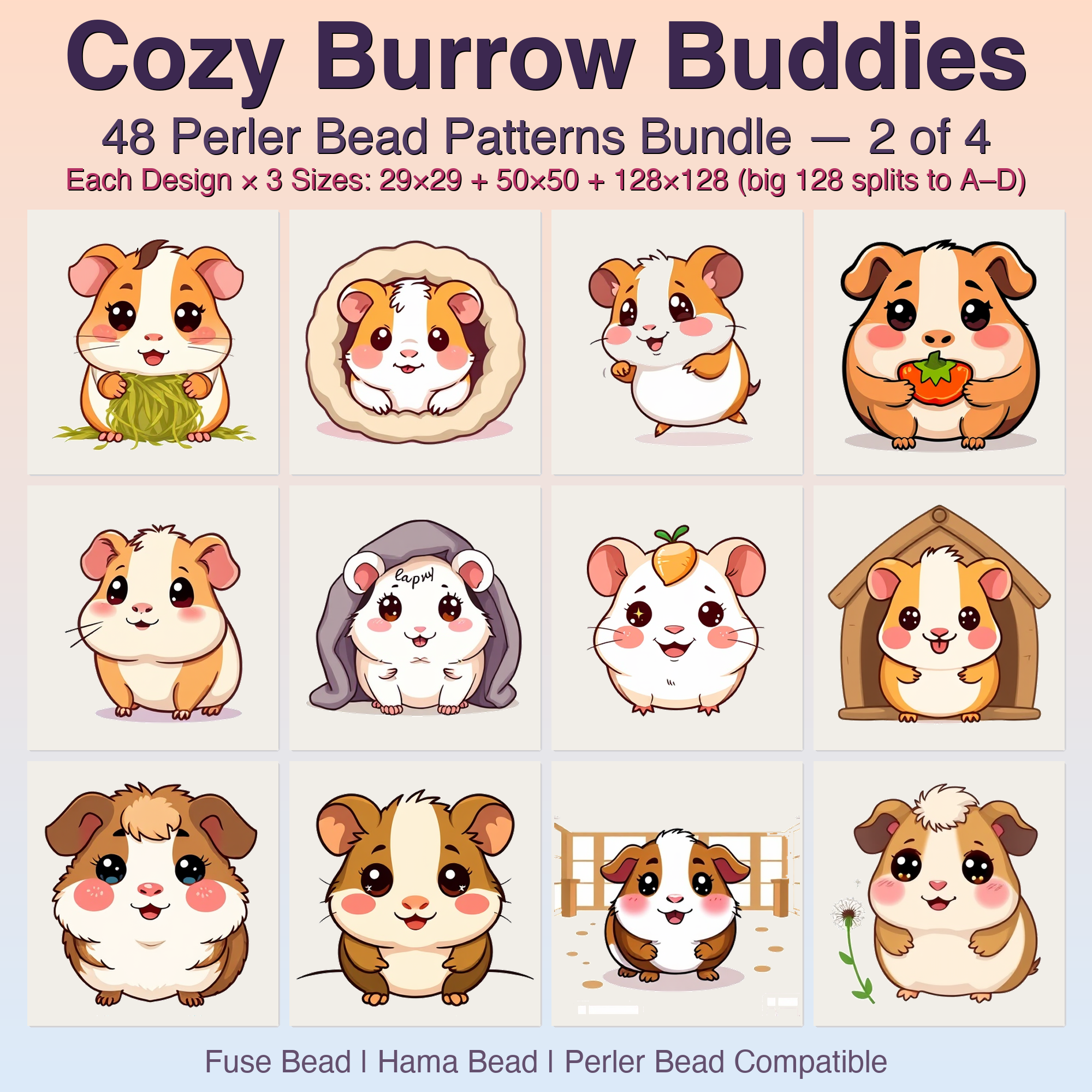 Cozy Burrow Buddies Perler Bead Patterns, 48 Designs x 3 Grid Sizes (29x29 + 50x50 + 128x128), Fuse Bead PDF Digital Download
