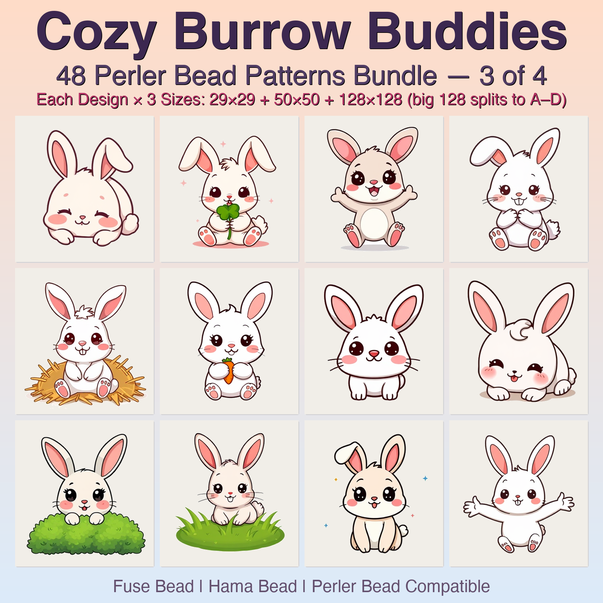 Cozy Burrow Buddies Perler Bead Patterns, 48 Designs x 3 Grid Sizes (29x29 + 50x50 + 128x128), Fuse Bead PDF Digital Download