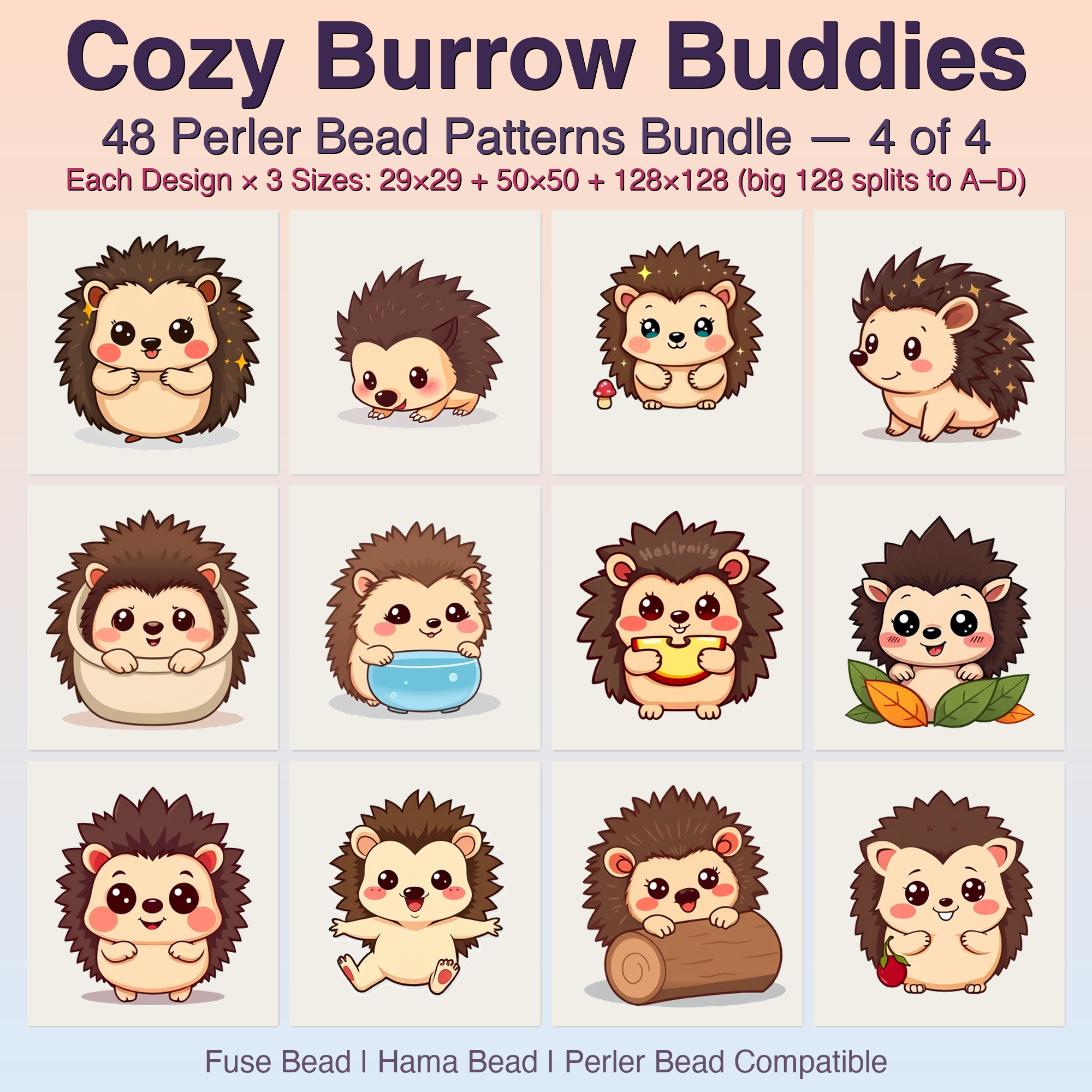 Cozy Burrow Buddies Perler Bead Patterns, 48 Designs x 3 Grid Sizes (29x29 + 50x50 + 128x128), Fuse Bead PDF Digital Download