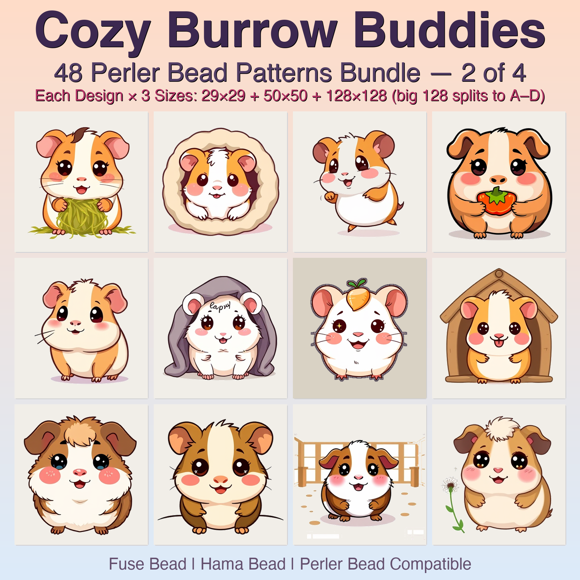 Cozy Burrow Buddies Perler Bead Patterns, 48 Designs x 3 Grid Sizes (29x29 + 50x50 + 128x128), Fuse Bead PDF Digital Download