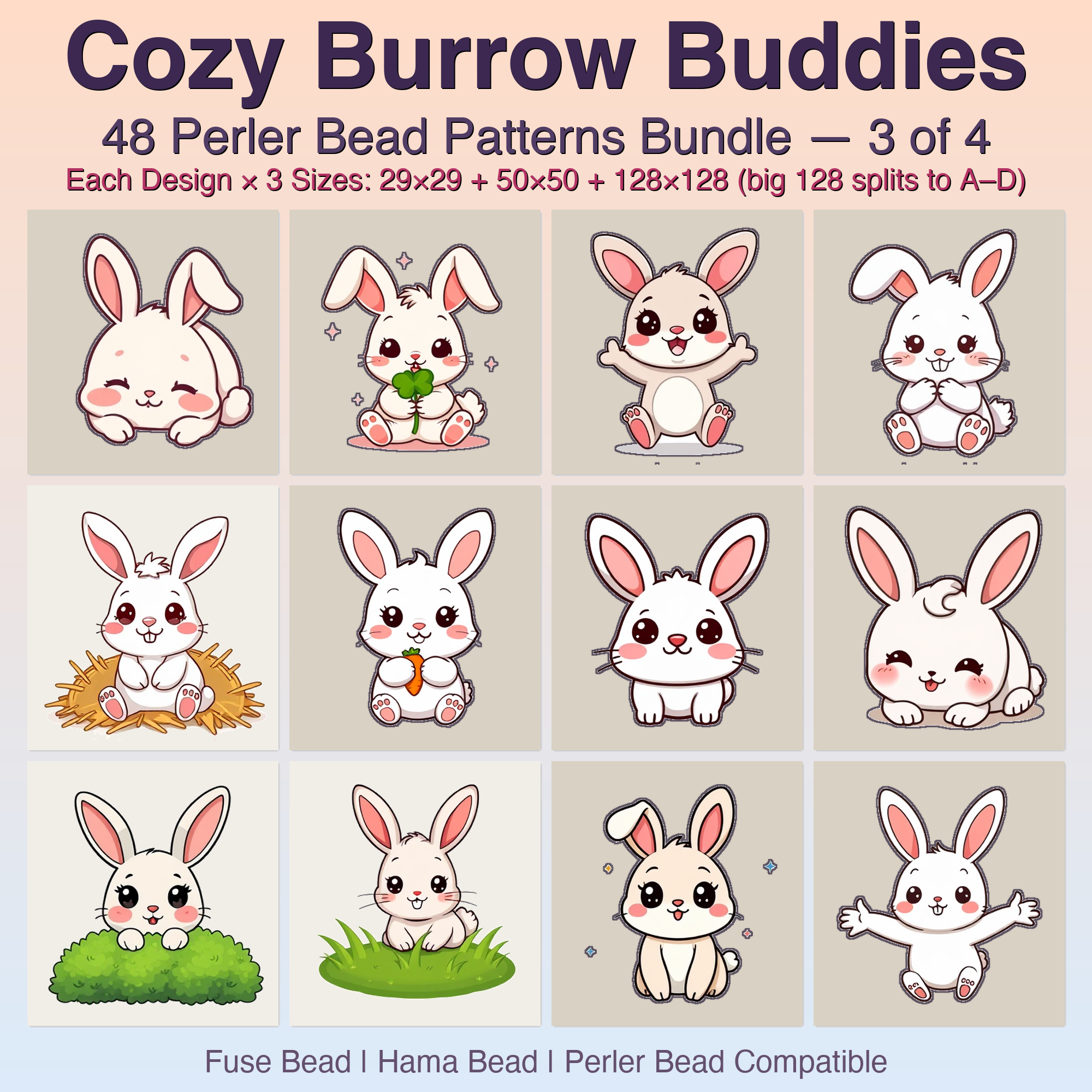 Cozy Burrow Buddies Perler Bead Patterns, 48 Designs x 3 Grid Sizes (29x29 + 50x50 + 128x128), Fuse Bead PDF Digital Download
