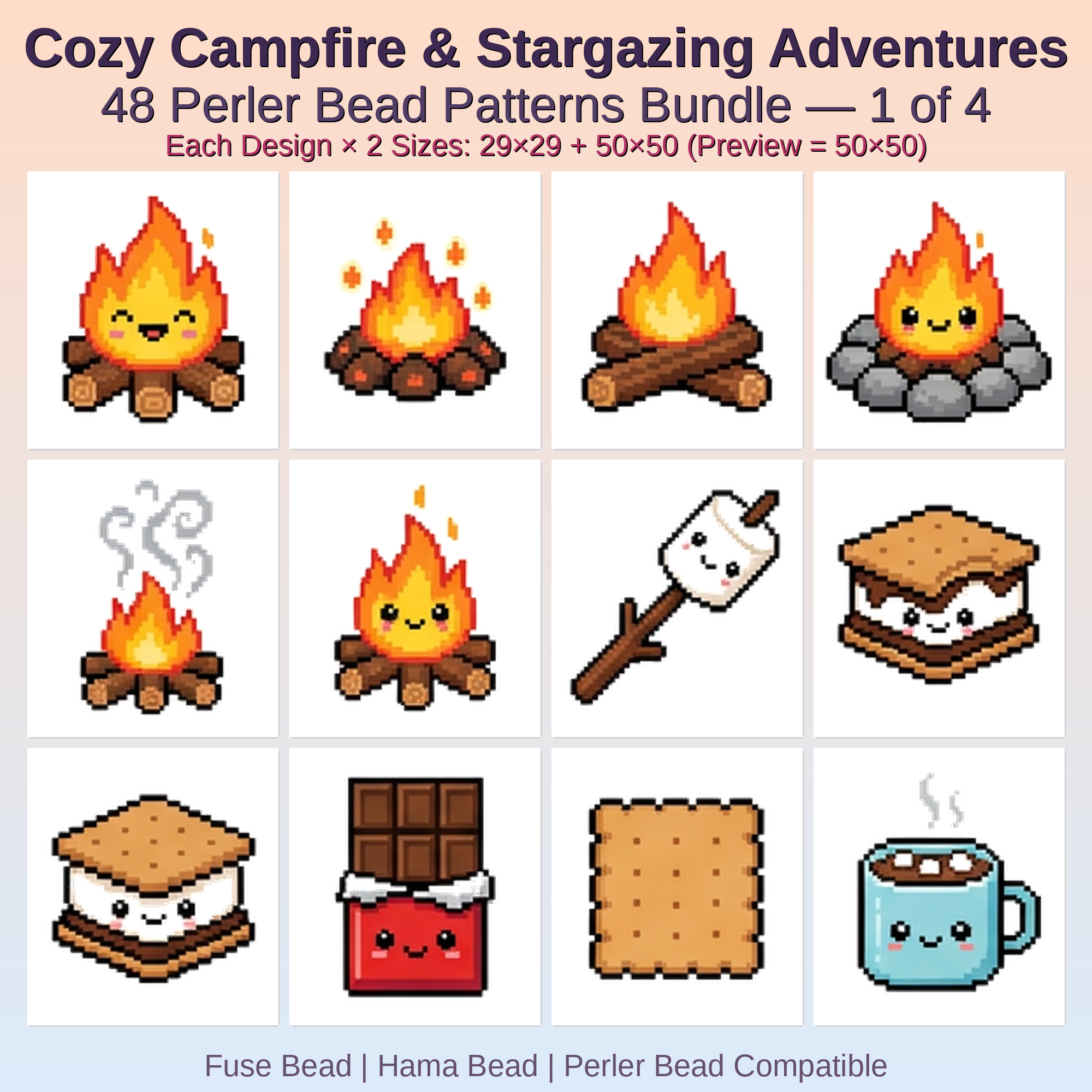 Cozy Campfire & Stargazing Adventures Perler Bead Patterns Bundle, 48 Designs (PDF Digital Download)