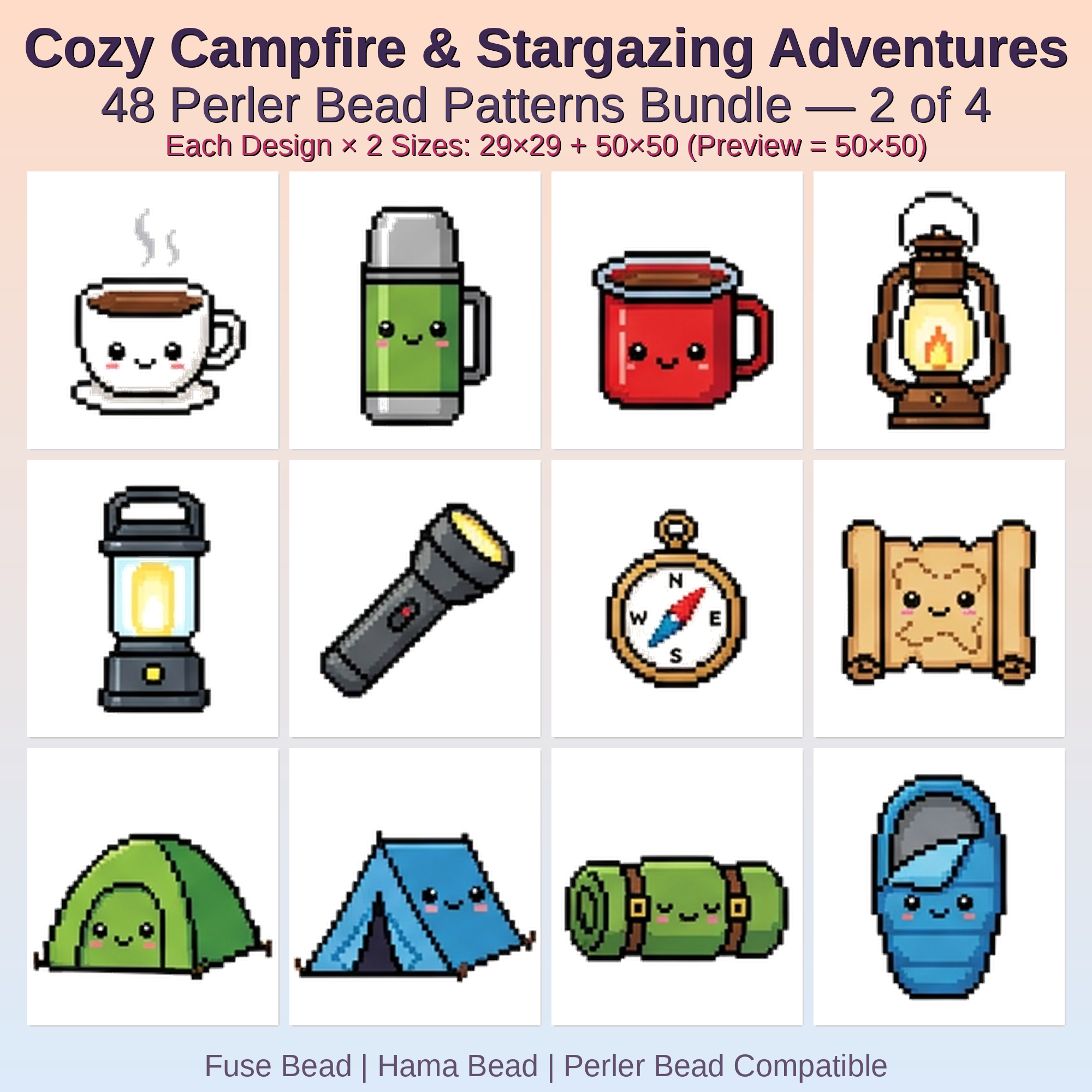 Cozy Campfire & Stargazing Adventures Perler Bead Patterns Bundle, 48 Designs (PDF Digital Download)