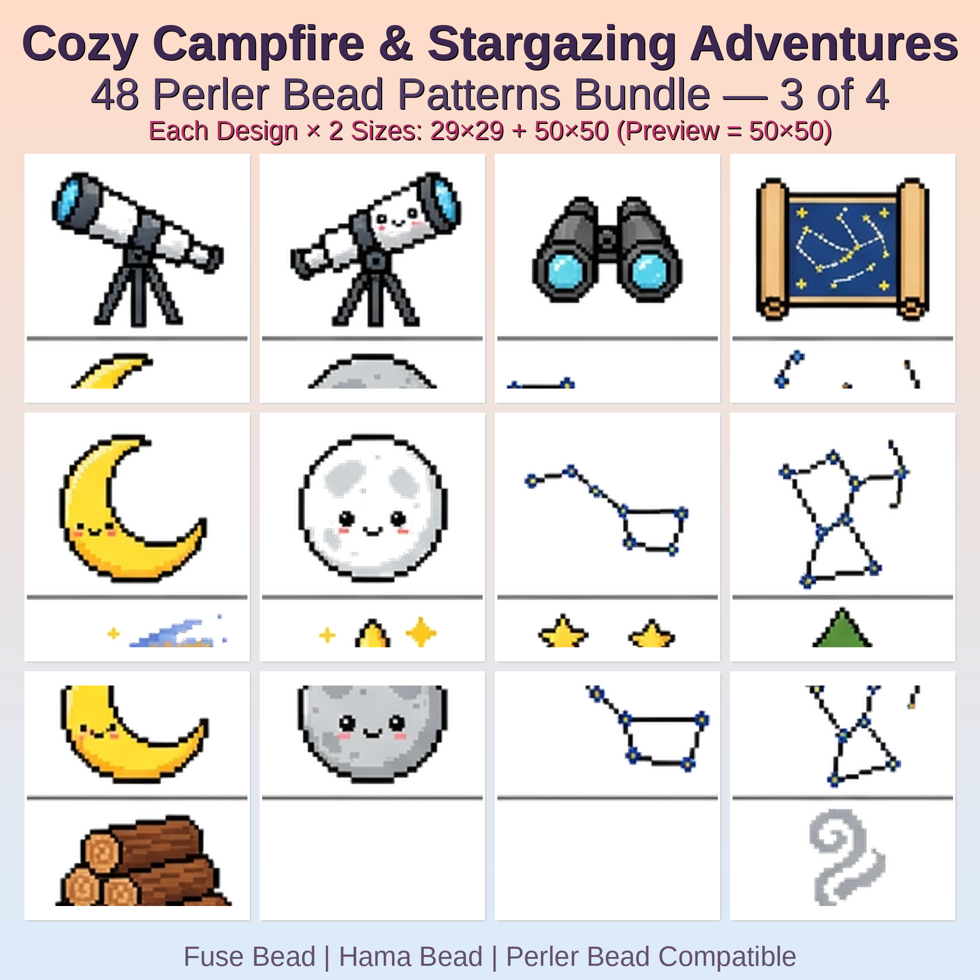 Cozy Campfire & Stargazing Adventures Perler Bead Patterns Bundle, 48 Designs (PDF Digital Download)