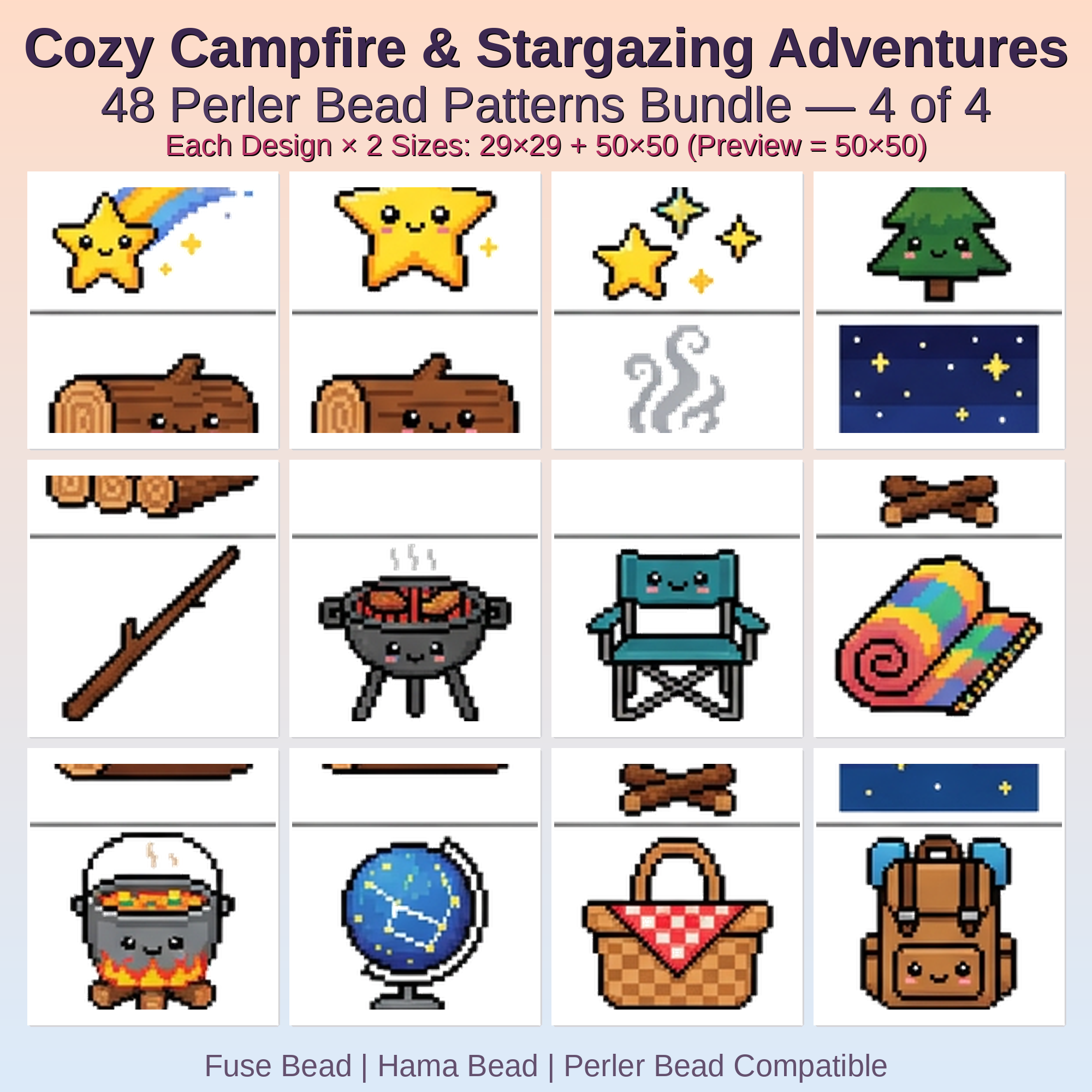 Cozy Campfire & Stargazing Adventures Perler Bead Patterns Bundle, 48 Designs (PDF Digital Download)