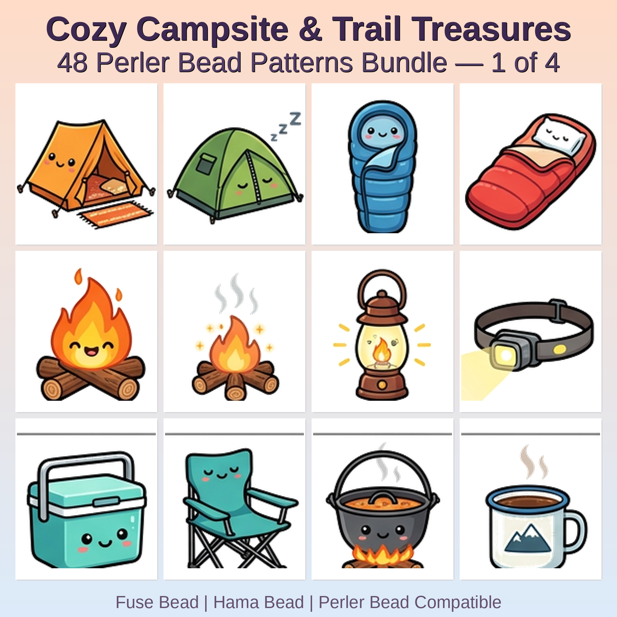 Cozy Campsite & Trail Treasures Perler Bead Patterns Perler Bead Patterns Bundle, 48 Designs (PDF Digital Download)