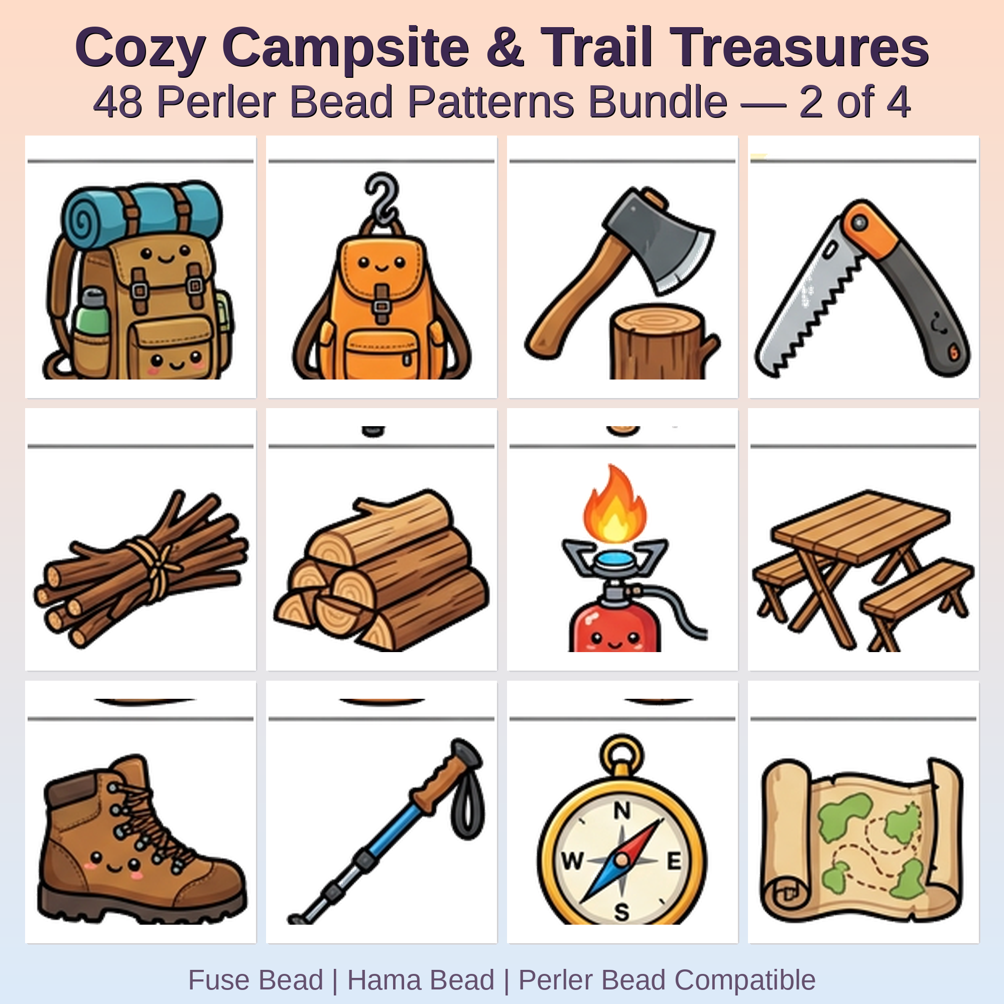 Cozy Campsite & Trail Treasures Perler Bead Patterns Perler Bead Patterns Bundle, 48 Designs (PDF Digital Download)