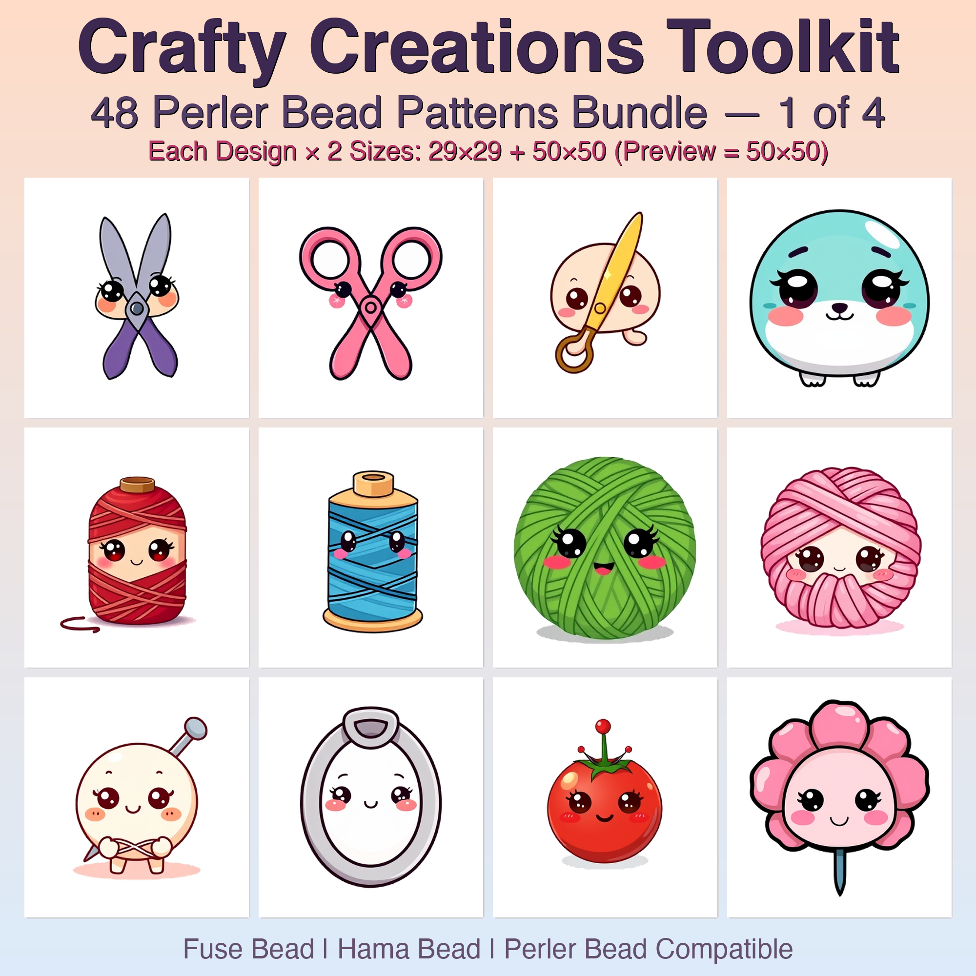 Crafty Creations Toolkit Perler Bead Patterns Bundle, 48 Designs (PDF Digital Download)