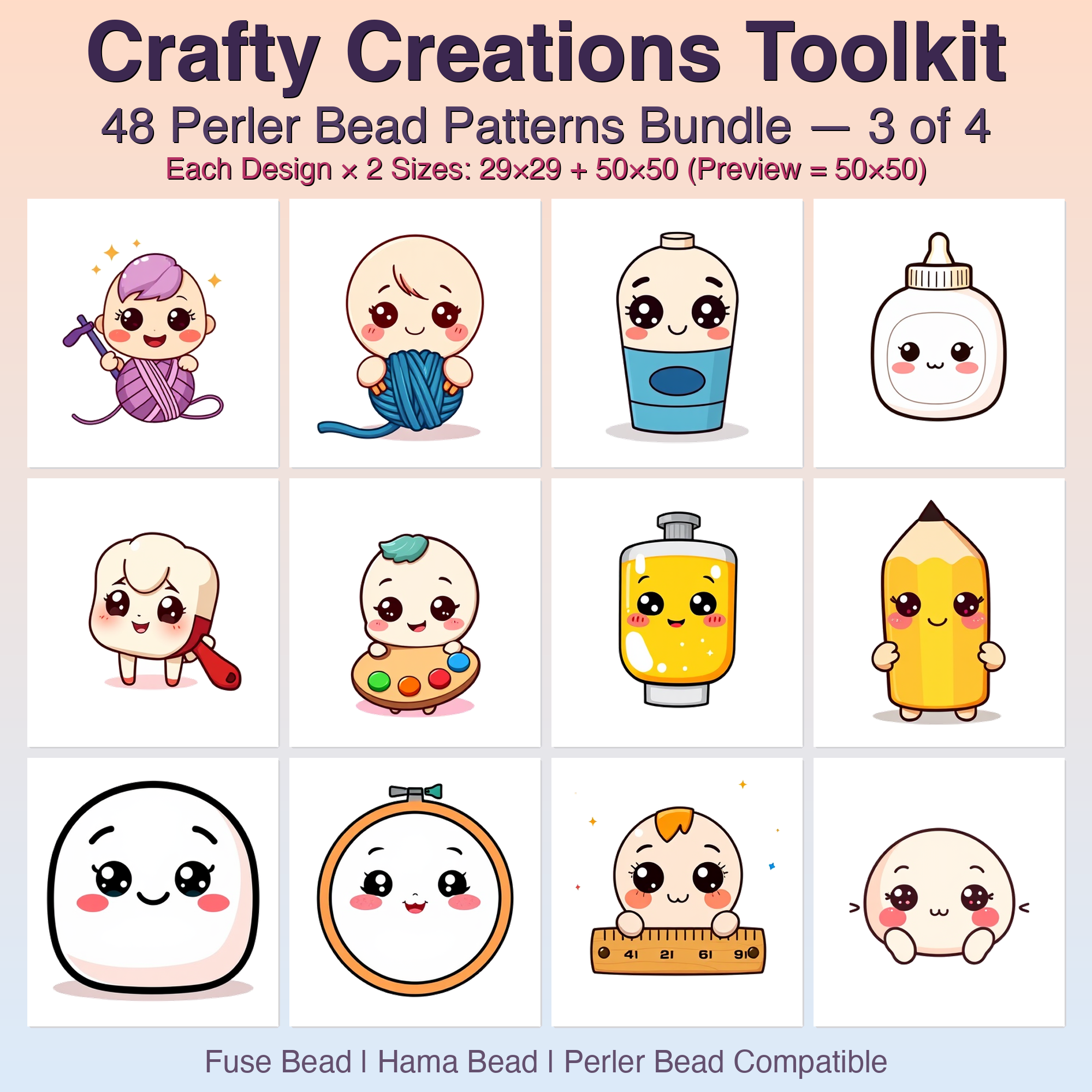 Crafty Creations Toolkit Perler Bead Patterns Bundle, 48 Designs (PDF Digital Download)