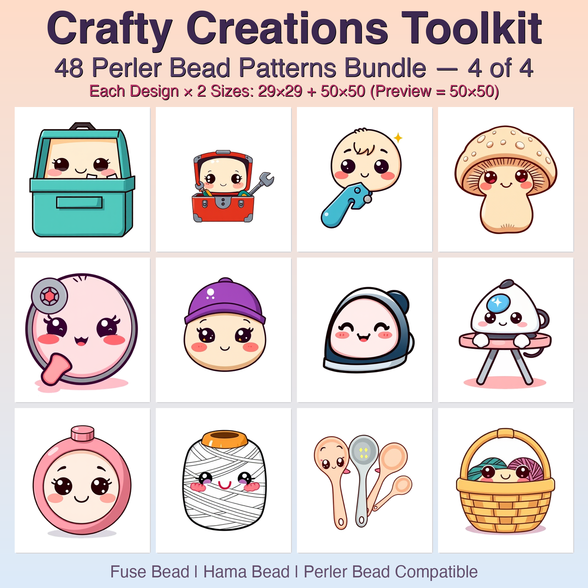 Crafty Creations Toolkit Perler Bead Patterns Bundle, 48 Designs (PDF Digital Download)