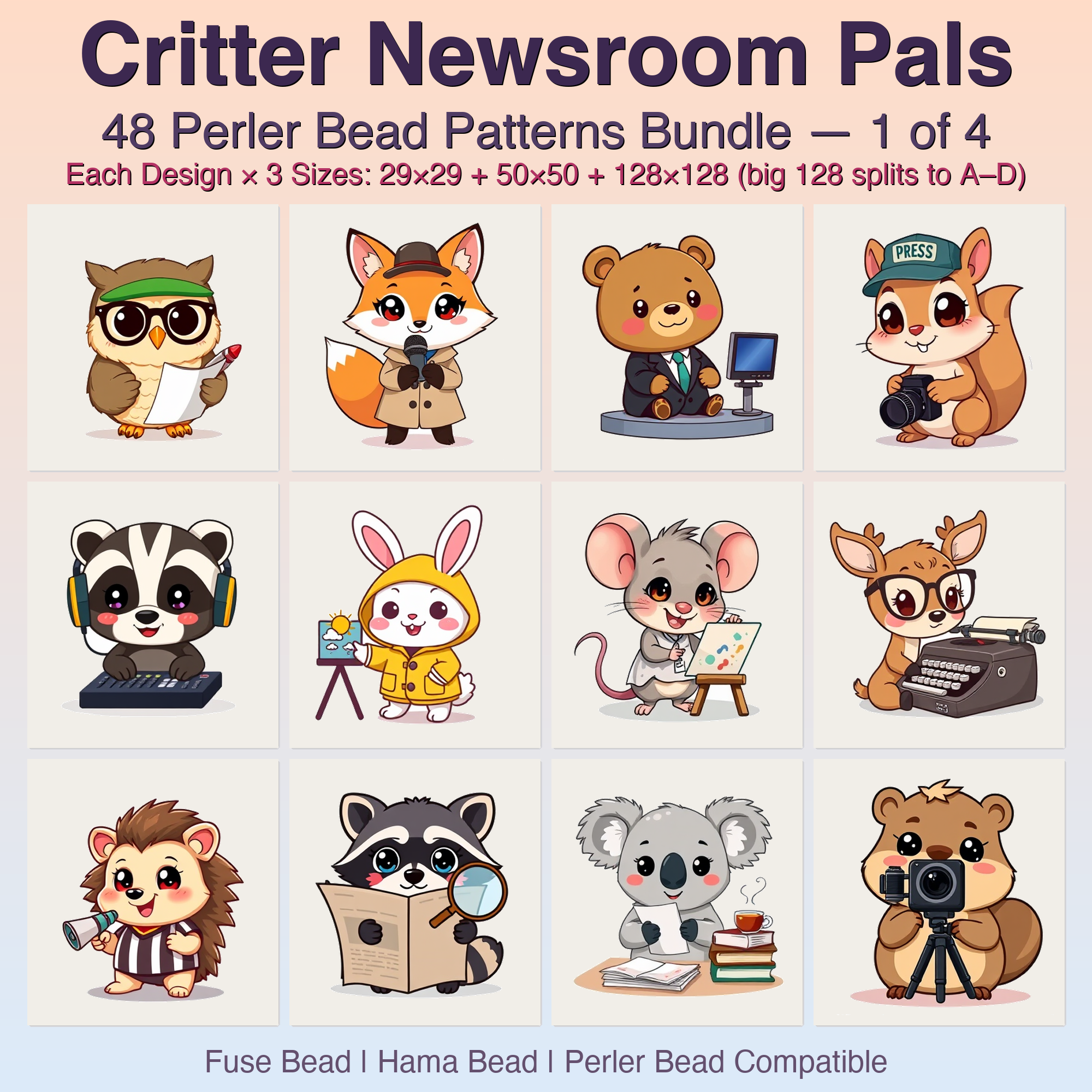 Critter Newsroom Pals Perler Bead Patterns, 48 Designs x 3 Grid Sizes (29x29 + 50x50 + 128x128), Fuse Bead PDF Digital Download