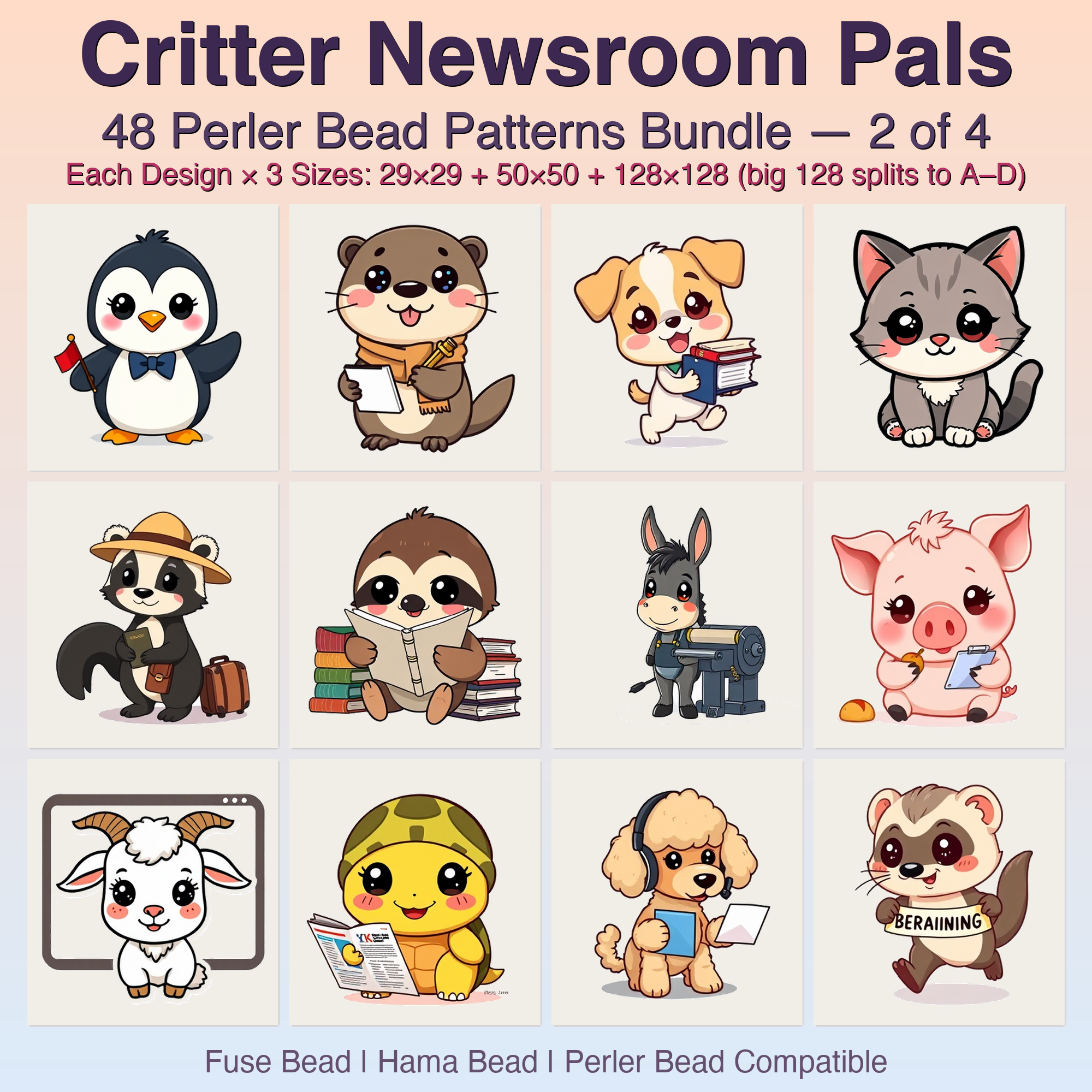 Critter Newsroom Pals Perler Bead Patterns, 48 Designs x 3 Grid Sizes (29x29 + 50x50 + 128x128), Fuse Bead PDF Digital Download