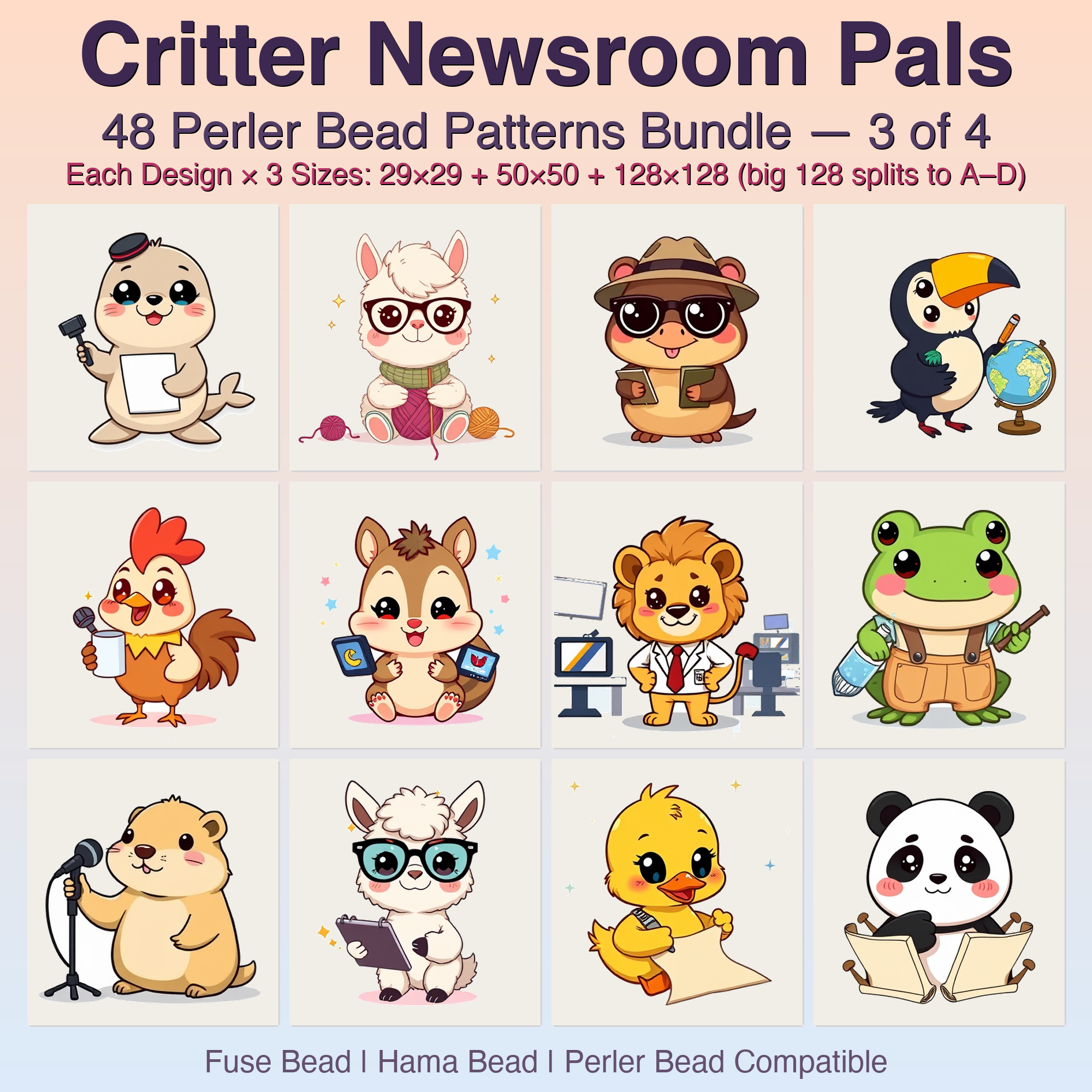 Critter Newsroom Pals Perler Bead Patterns, 48 Designs x 3 Grid Sizes (29x29 + 50x50 + 128x128), Fuse Bead PDF Digital Download