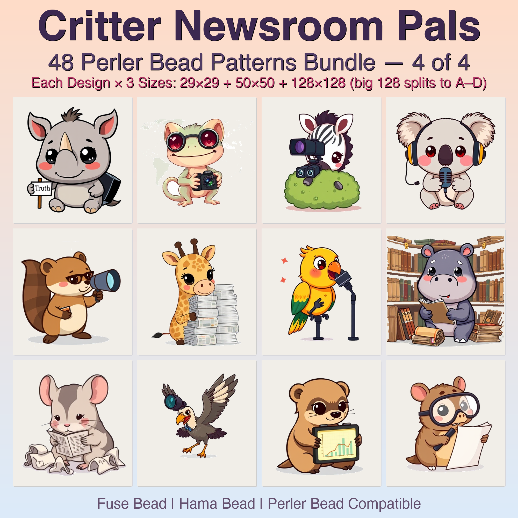 Critter Newsroom Pals Perler Bead Patterns, 48 Designs x 3 Grid Sizes (29x29 + 50x50 + 128x128), Fuse Bead PDF Digital Download