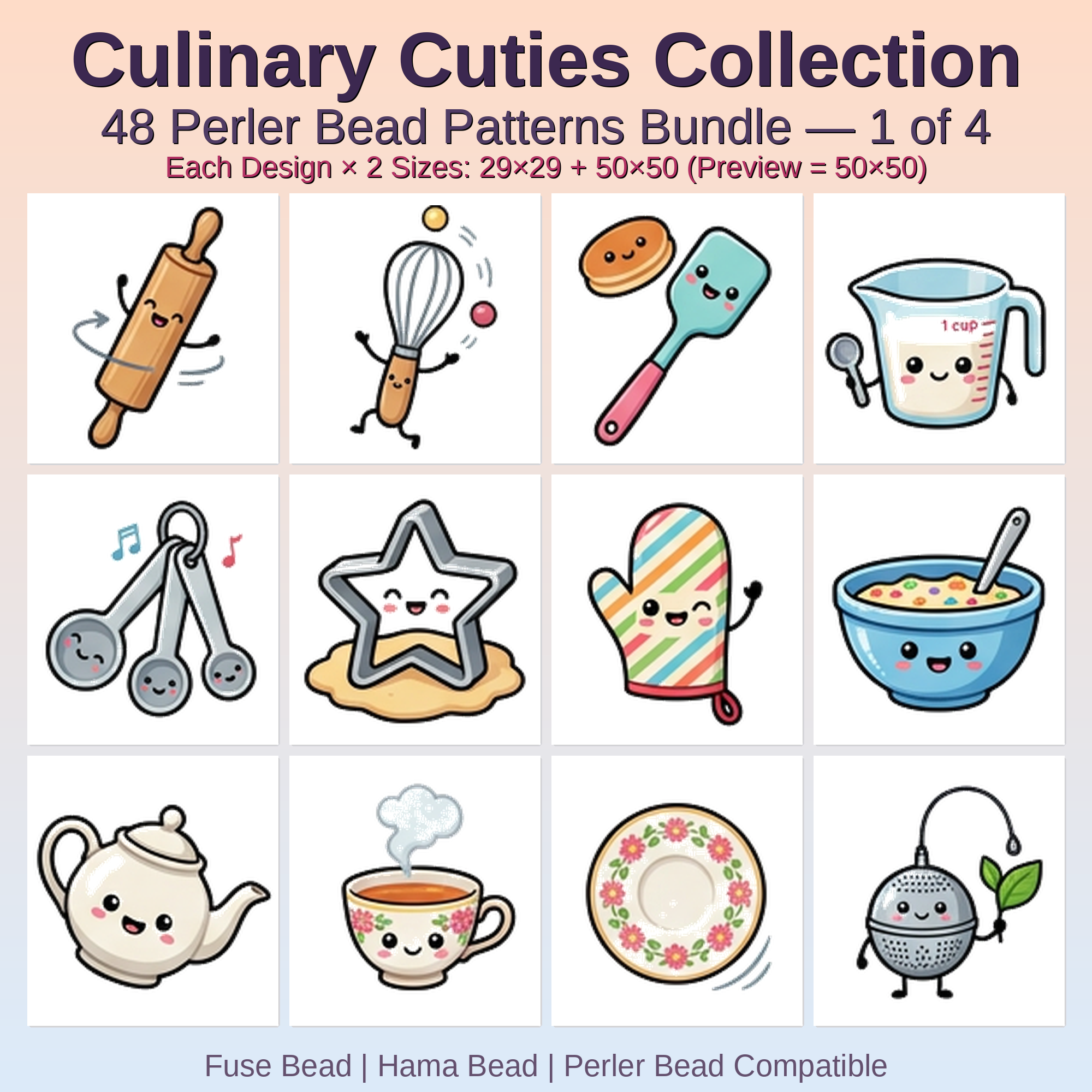 Culinary Cuties Collection Perler Bead Patterns Bundle, 48 Designs (PDF Digital Download)