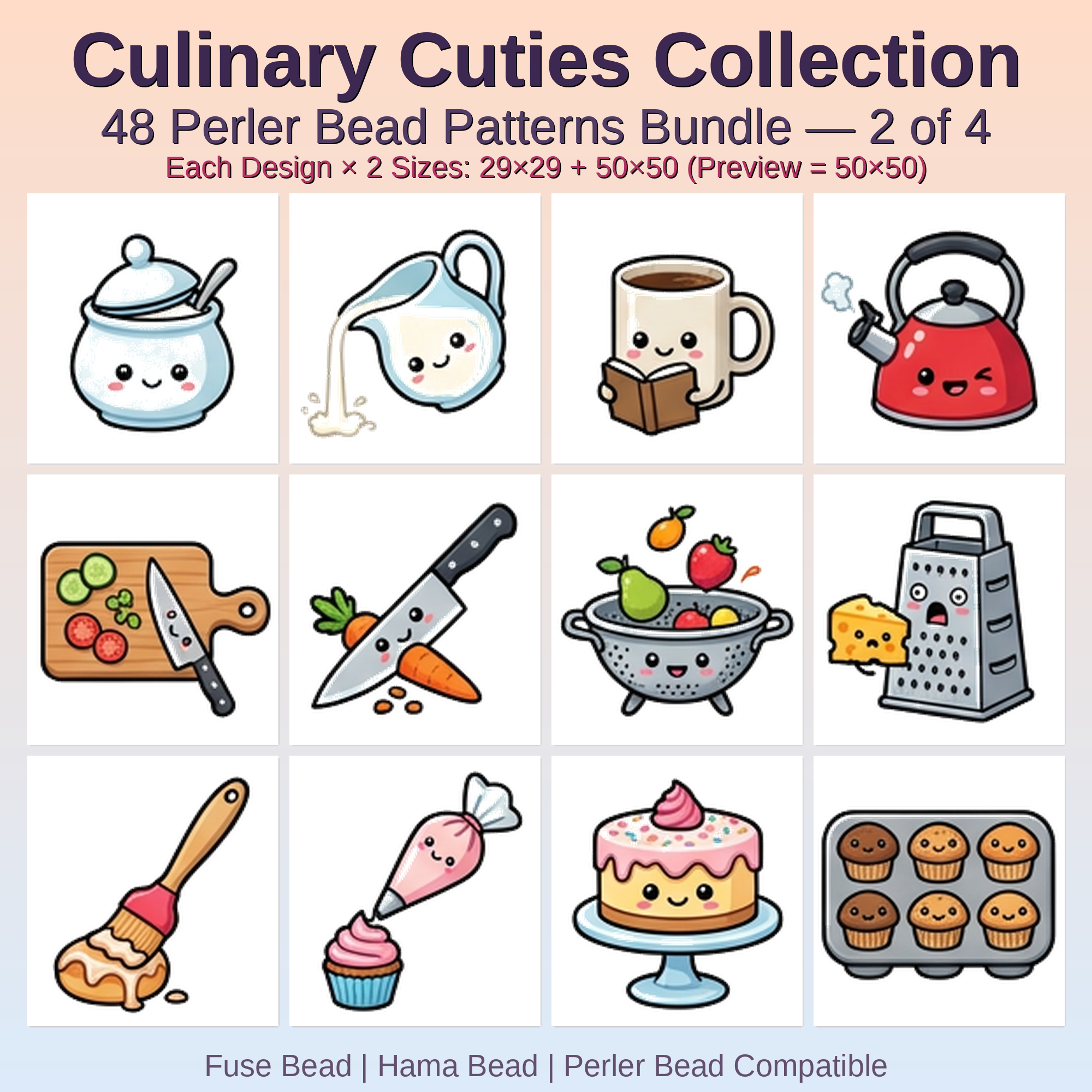 Culinary Cuties Collection Perler Bead Patterns Bundle, 48 Designs (PDF Digital Download)