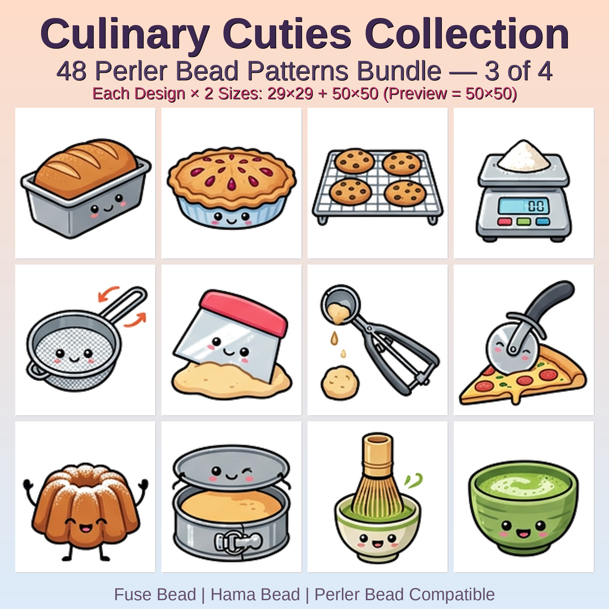 Culinary Cuties Collection Perler Bead Patterns Bundle, 48 Designs (PDF Digital Download)