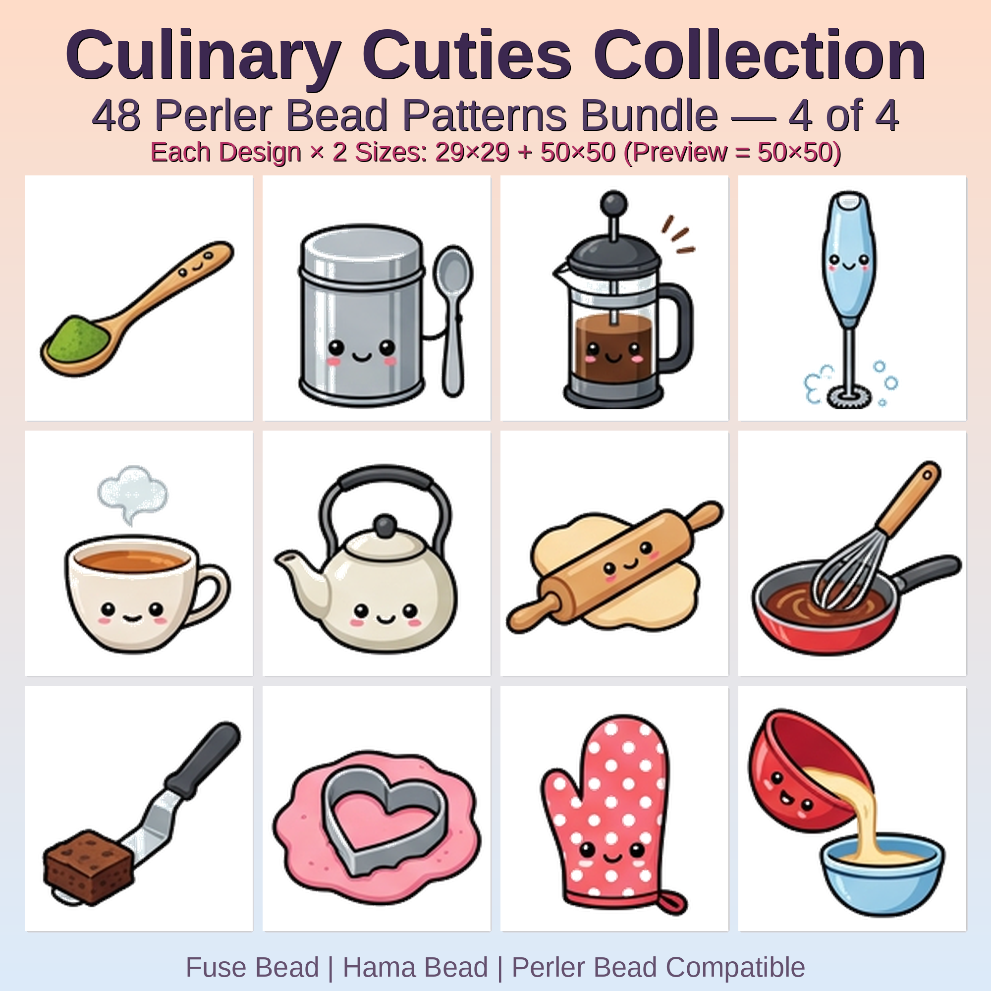 Culinary Cuties Collection Perler Bead Patterns Bundle, 48 Designs (PDF Digital Download)