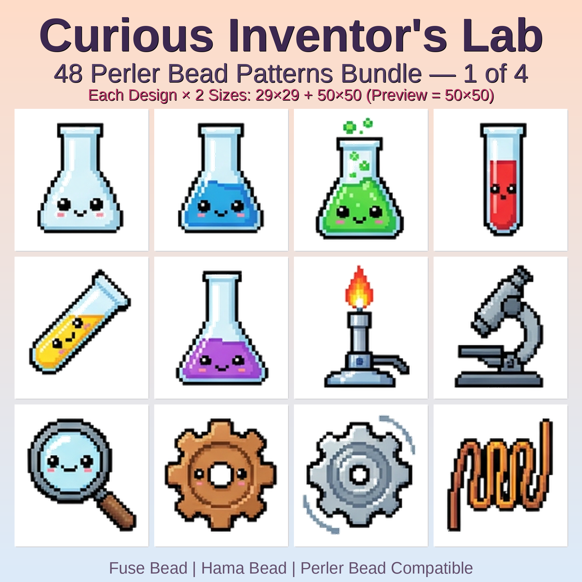 Curious Inventor's Lab Perler Bead Patterns Bundle, 48 Designs (PDF Digital Download)