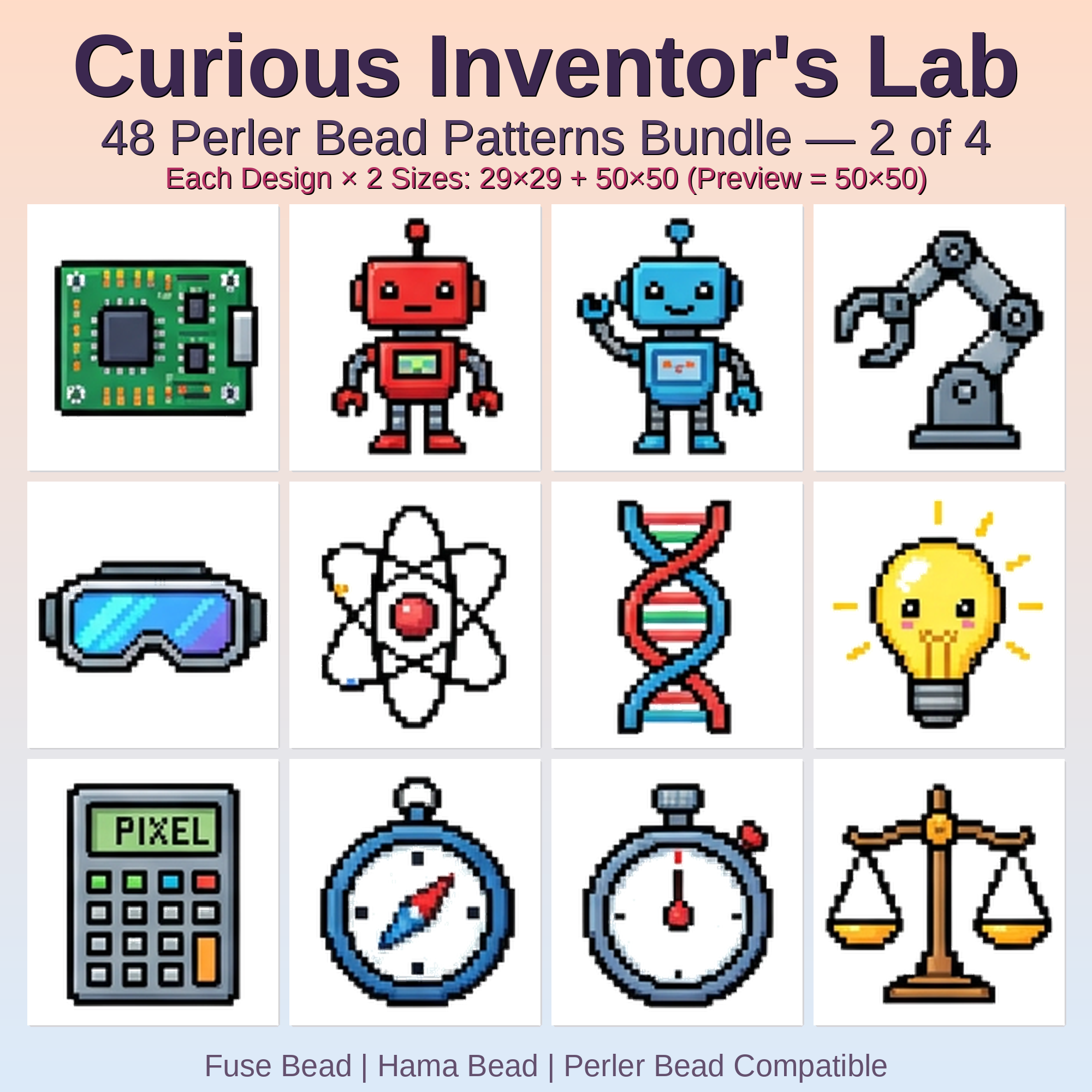 Curious Inventor's Lab Perler Bead Patterns Bundle, 48 Designs (PDF Digital Download)