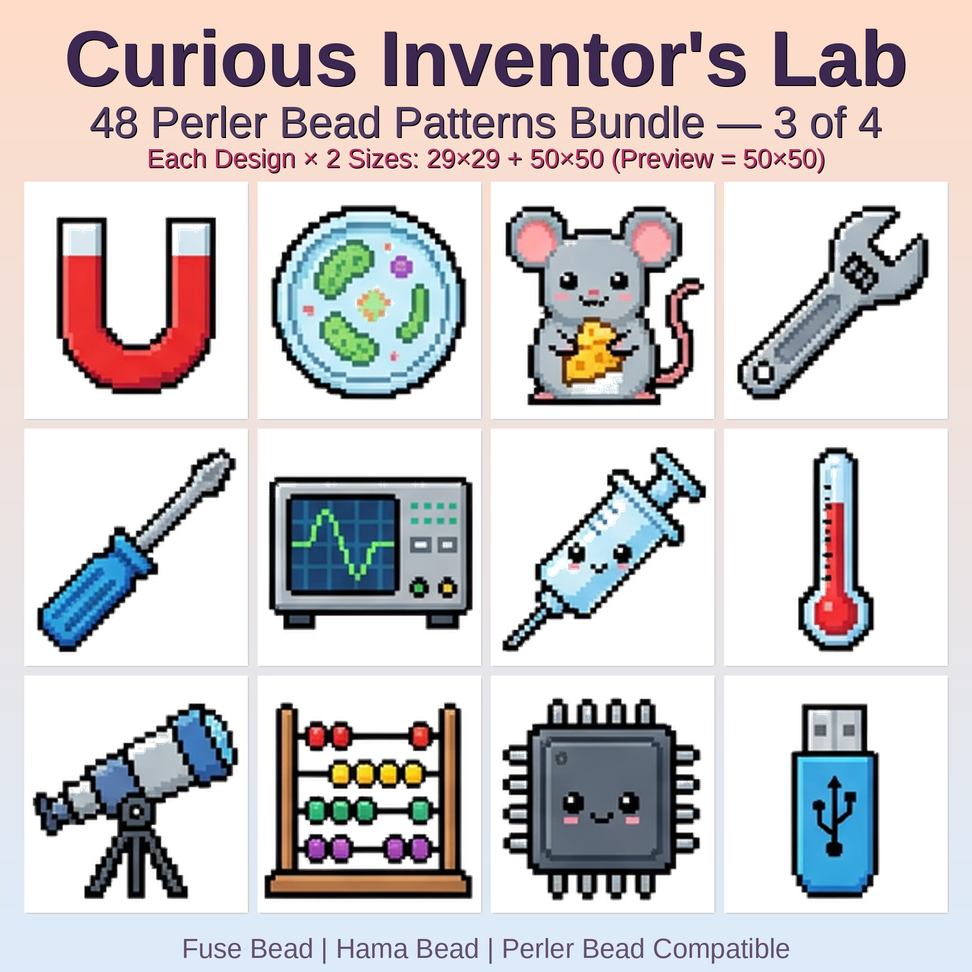 Curious Inventor's Lab Perler Bead Patterns Bundle, 48 Designs (PDF Digital Download)