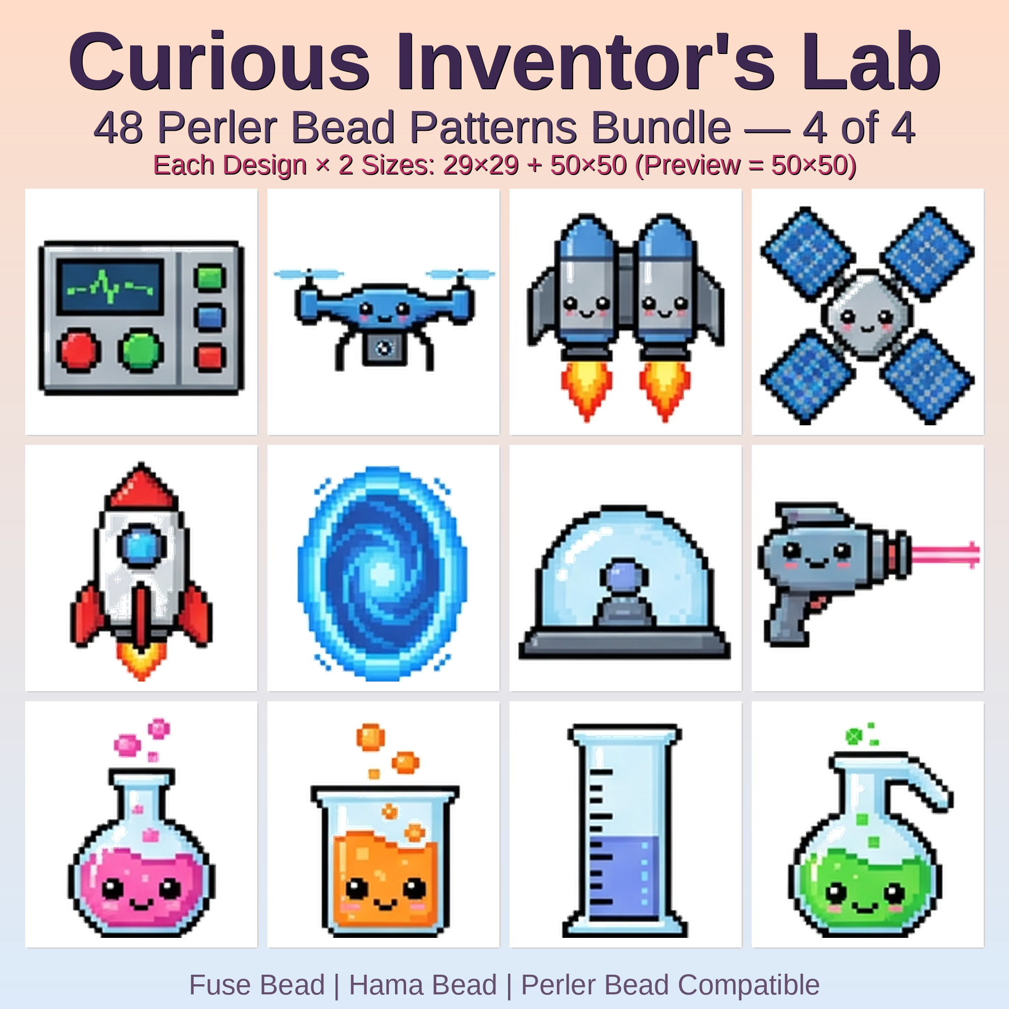 Curious Inventor's Lab Perler Bead Patterns Bundle, 48 Designs (PDF Digital Download)