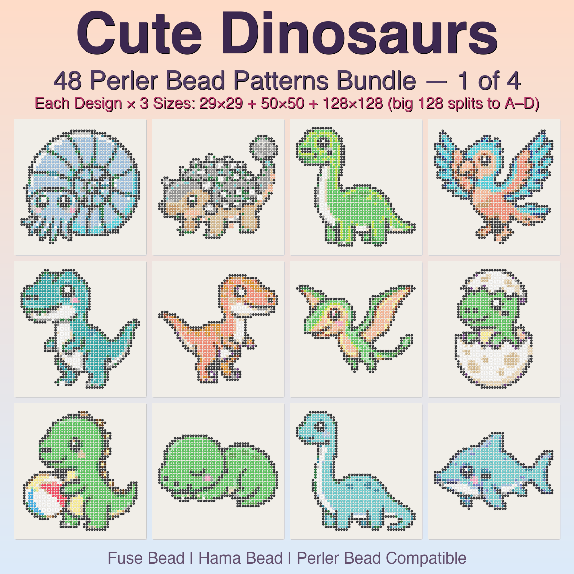 Cute Dinosaurs Perler Bead Patterns, 48 Designs x 3 Grid Sizes (29x29 + 50x50 + 128x128), Fuse Bead PDF Digital Download