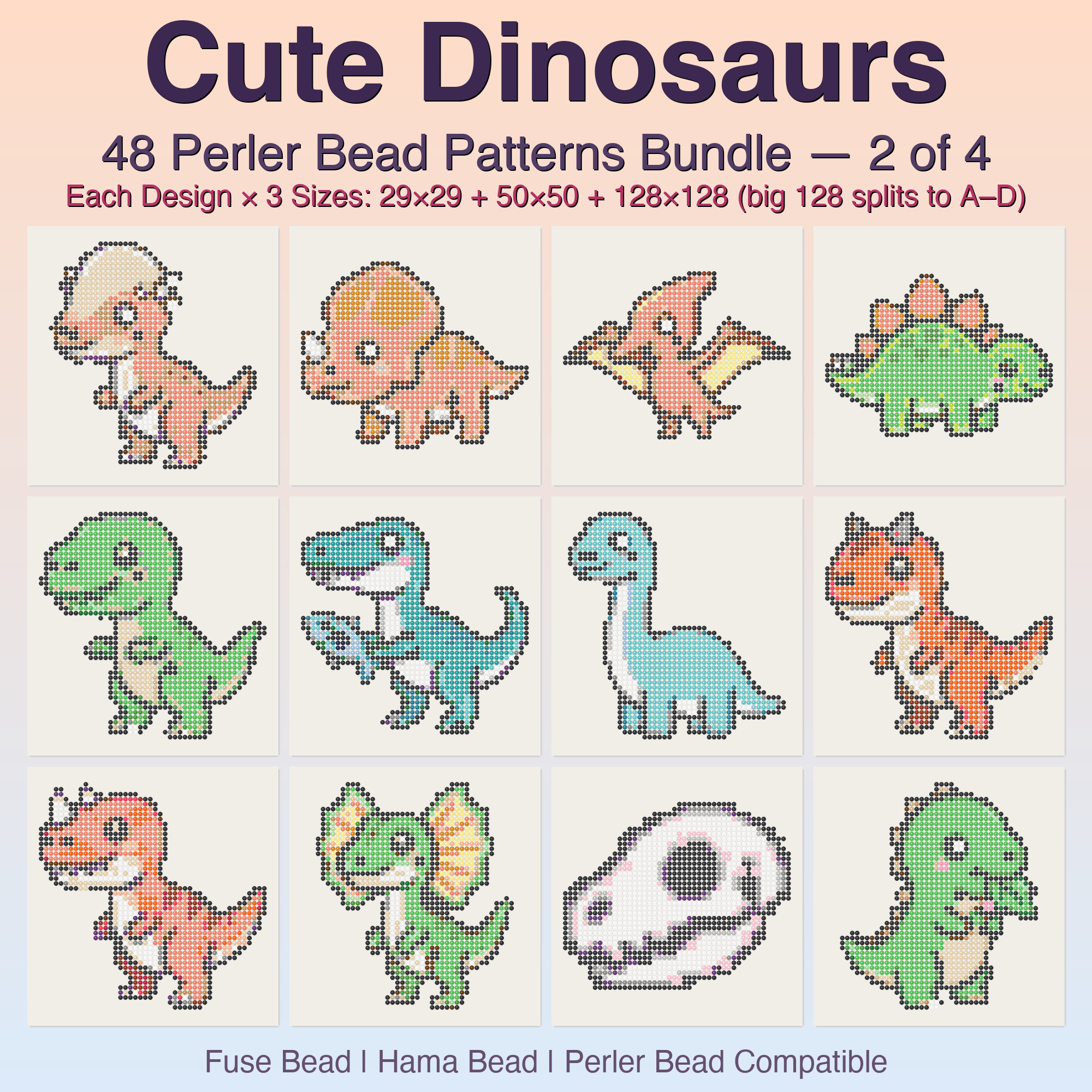 Cute Dinosaurs Perler Bead Patterns, 48 Designs x 3 Grid Sizes (29x29 + 50x50 + 128x128), Fuse Bead PDF Digital Download