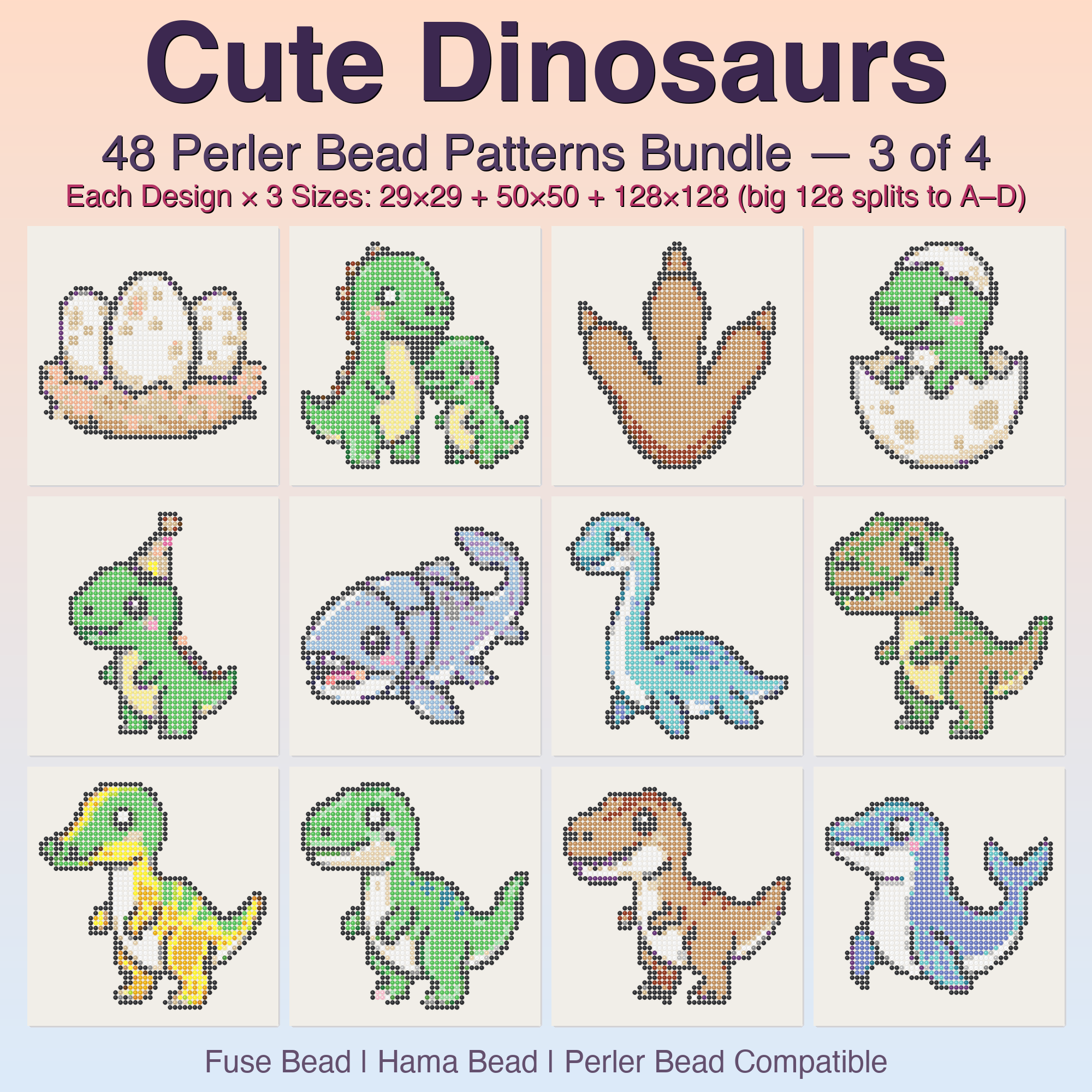Cute Dinosaurs Perler Bead Patterns, 48 Designs x 3 Grid Sizes (29x29 + 50x50 + 128x128), Fuse Bead PDF Digital Download