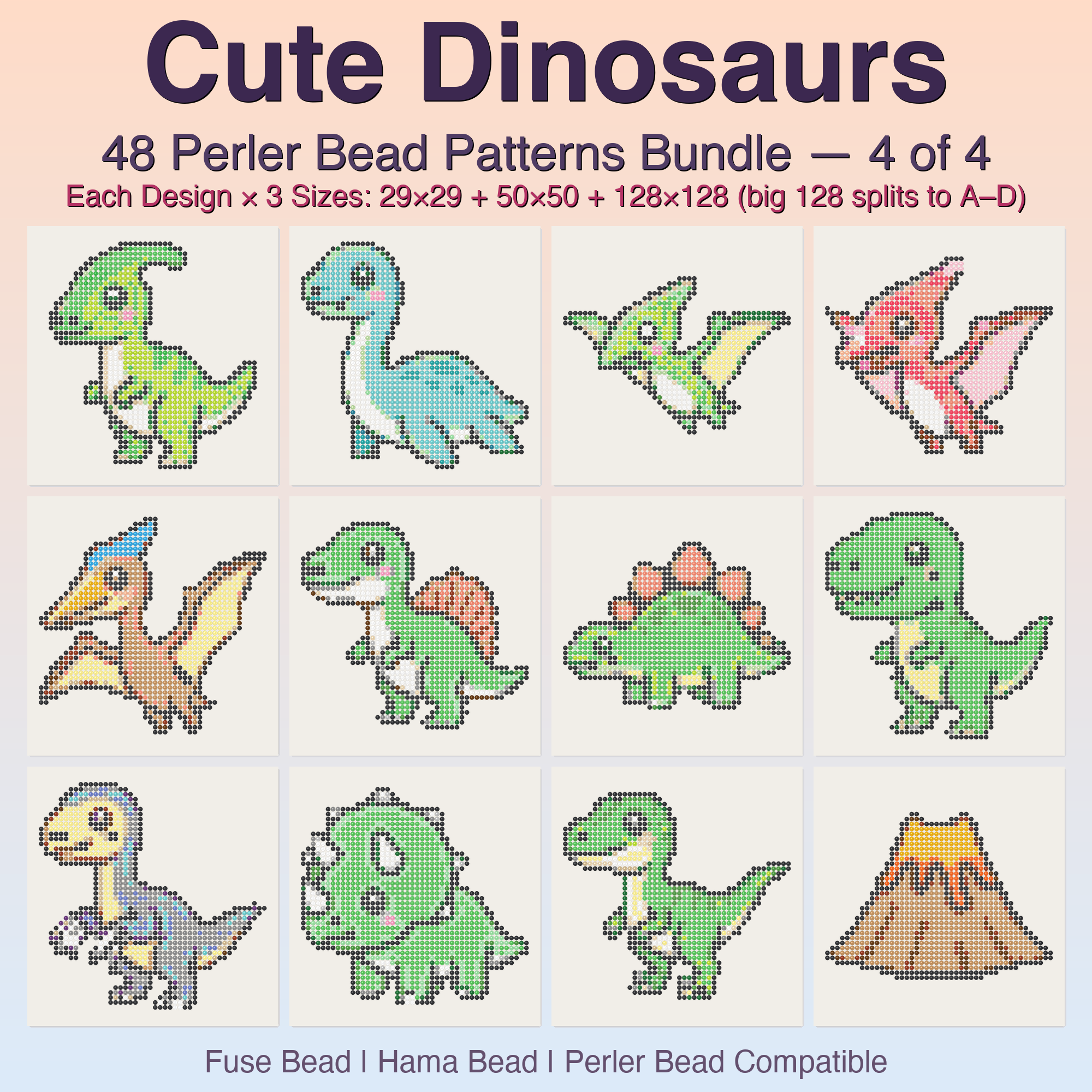 Cute Dinosaurs Perler Bead Patterns, 48 Designs x 3 Grid Sizes (29x29 + 50x50 + 128x128), Fuse Bead PDF Digital Download
