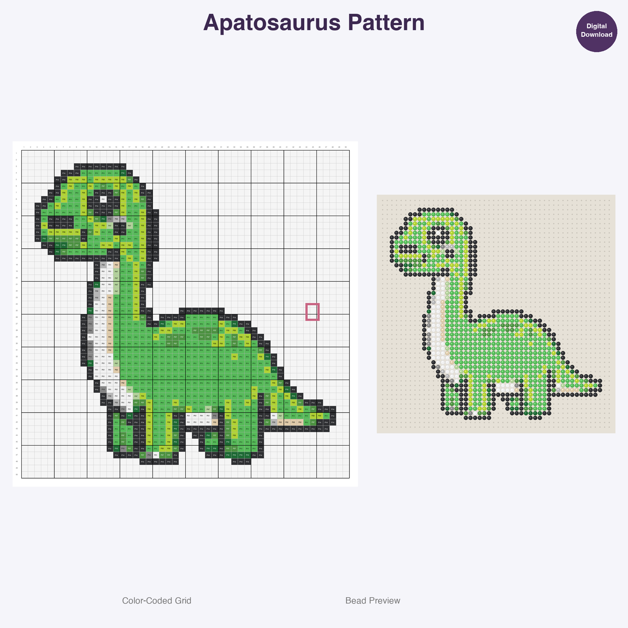 Cute Dinosaurs Perler Bead Patterns, 48 Designs x 3 Grid Sizes (29x29 + 50x50 + 128x128), Fuse Bead PDF Digital Download