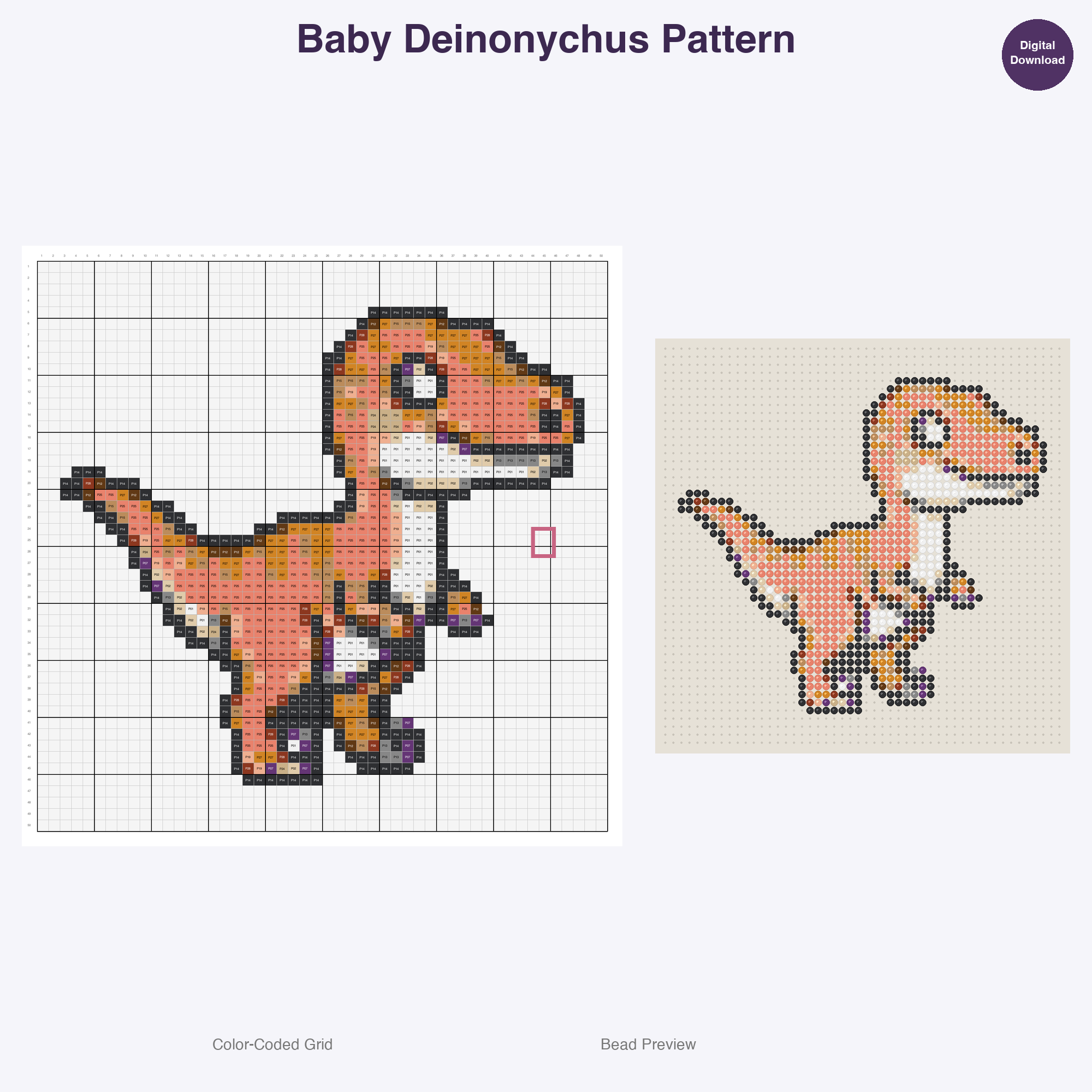 Cute Dinosaurs Perler Bead Patterns, 48 Designs x 3 Grid Sizes (29x29 + 50x50 + 128x128), Fuse Bead PDF Digital Download