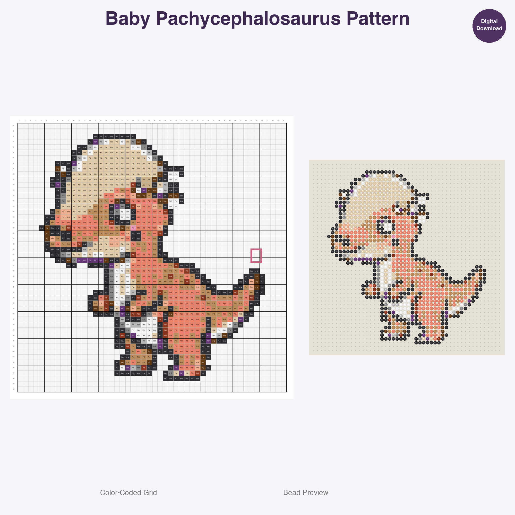 Cute Dinosaurs Perler Bead Patterns, 48 Designs x 3 Grid Sizes (29x29 + 50x50 + 128x128), Fuse Bead PDF Digital Download