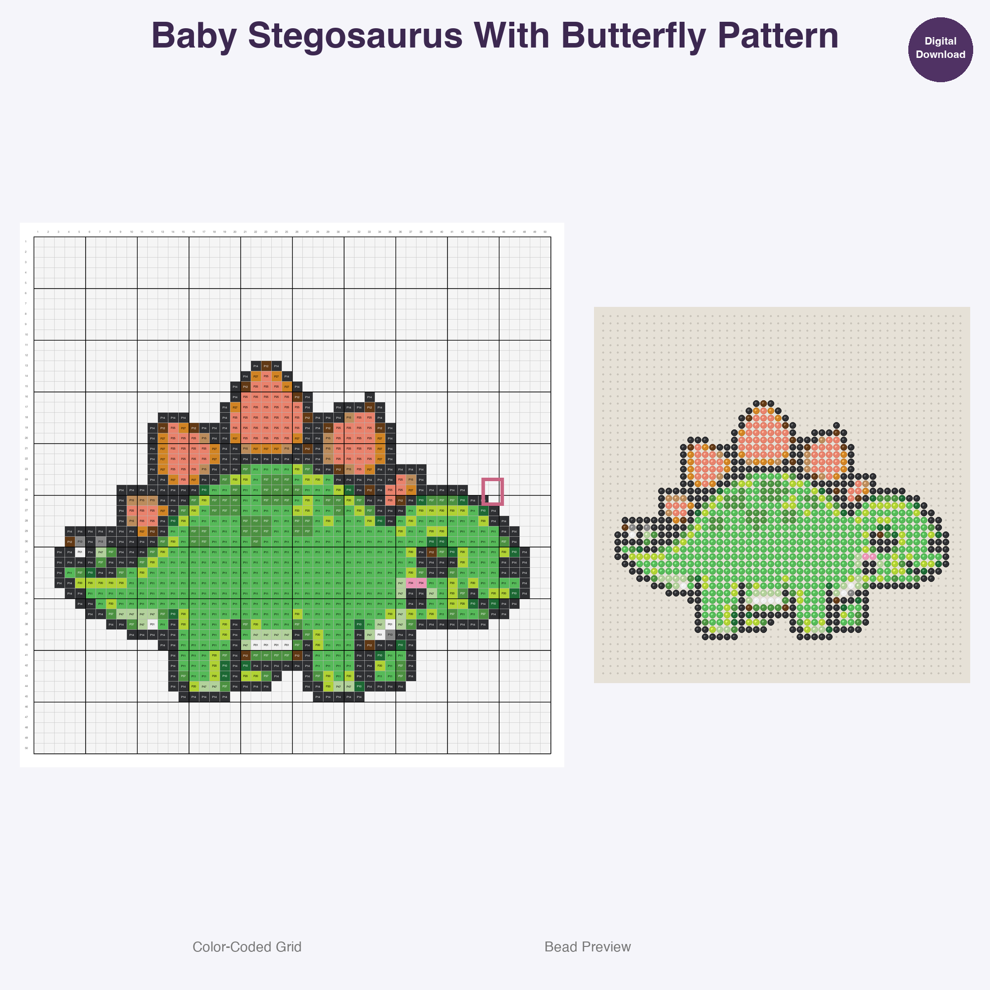 Cute Dinosaurs Perler Bead Patterns, 48 Designs x 3 Grid Sizes (29x29 + 50x50 + 128x128), Fuse Bead PDF Digital Download