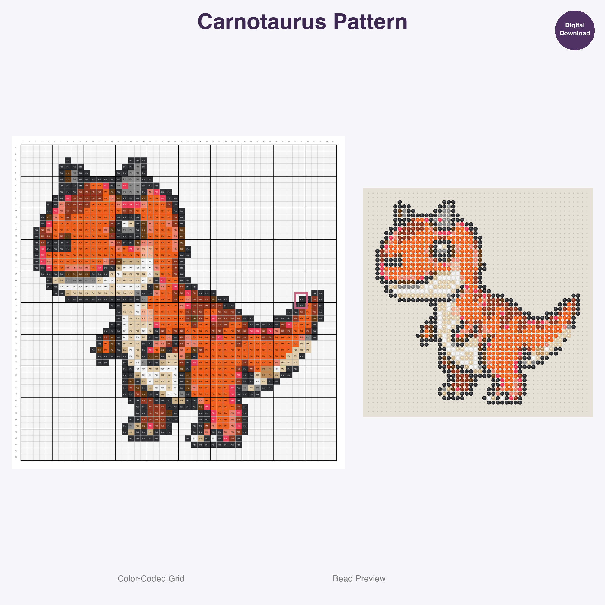 Cute Dinosaurs Perler Bead Patterns, 48 Designs x 3 Grid Sizes (29x29 + 50x50 + 128x128), Fuse Bead PDF Digital Download